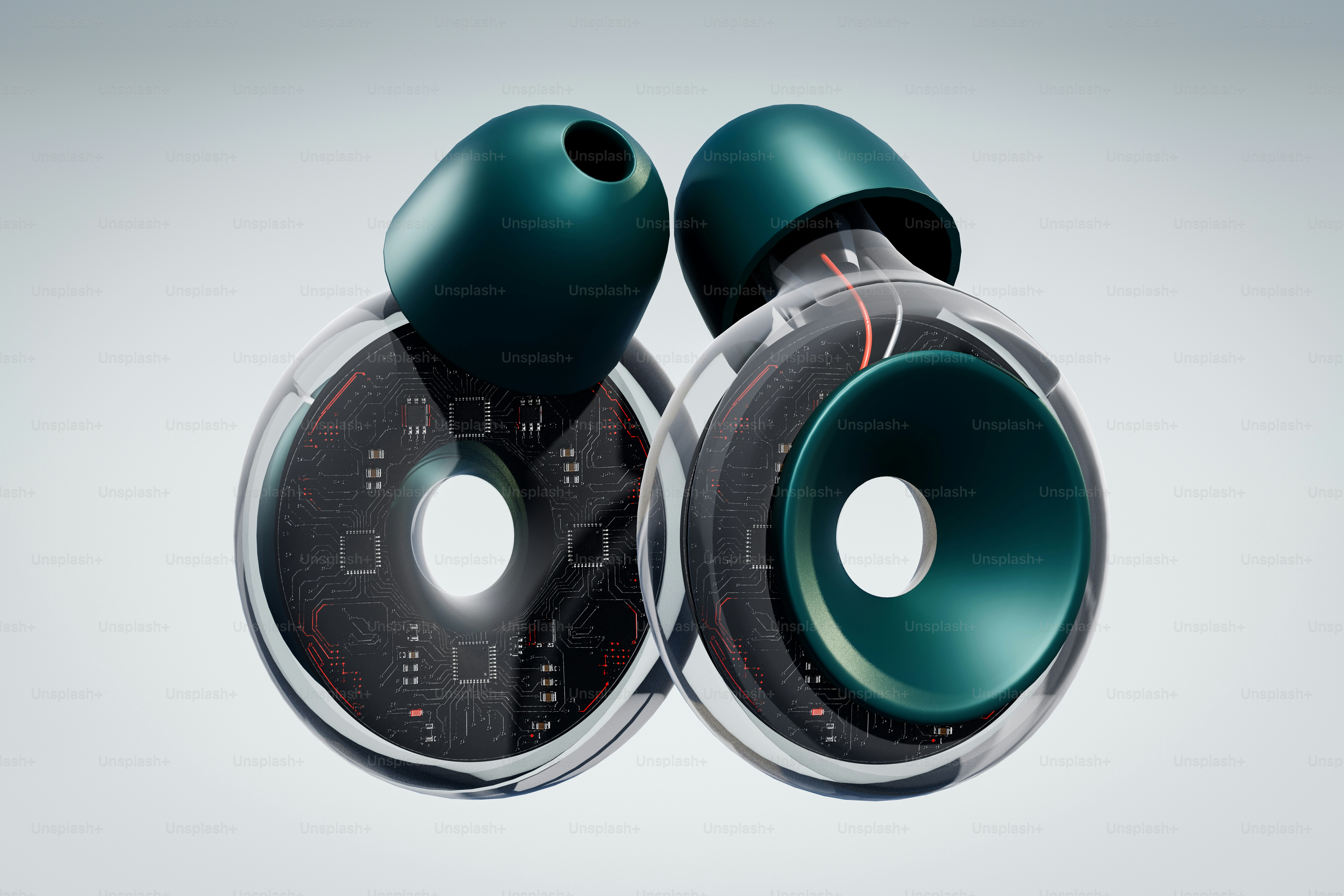 Transparent earbuds with visible circuitry and teal accents