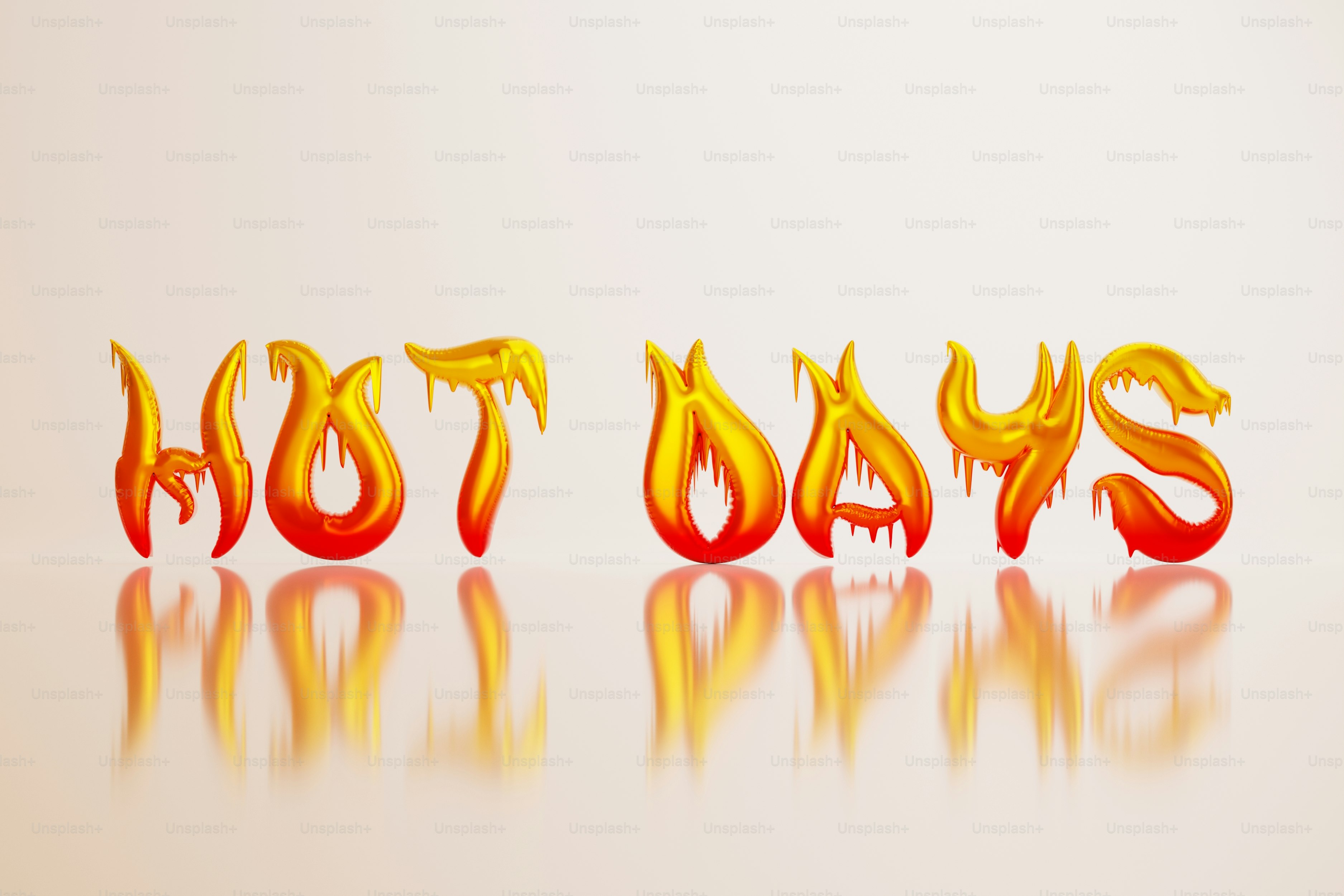 Fiery letters spelling out "hot days" with reflections.
