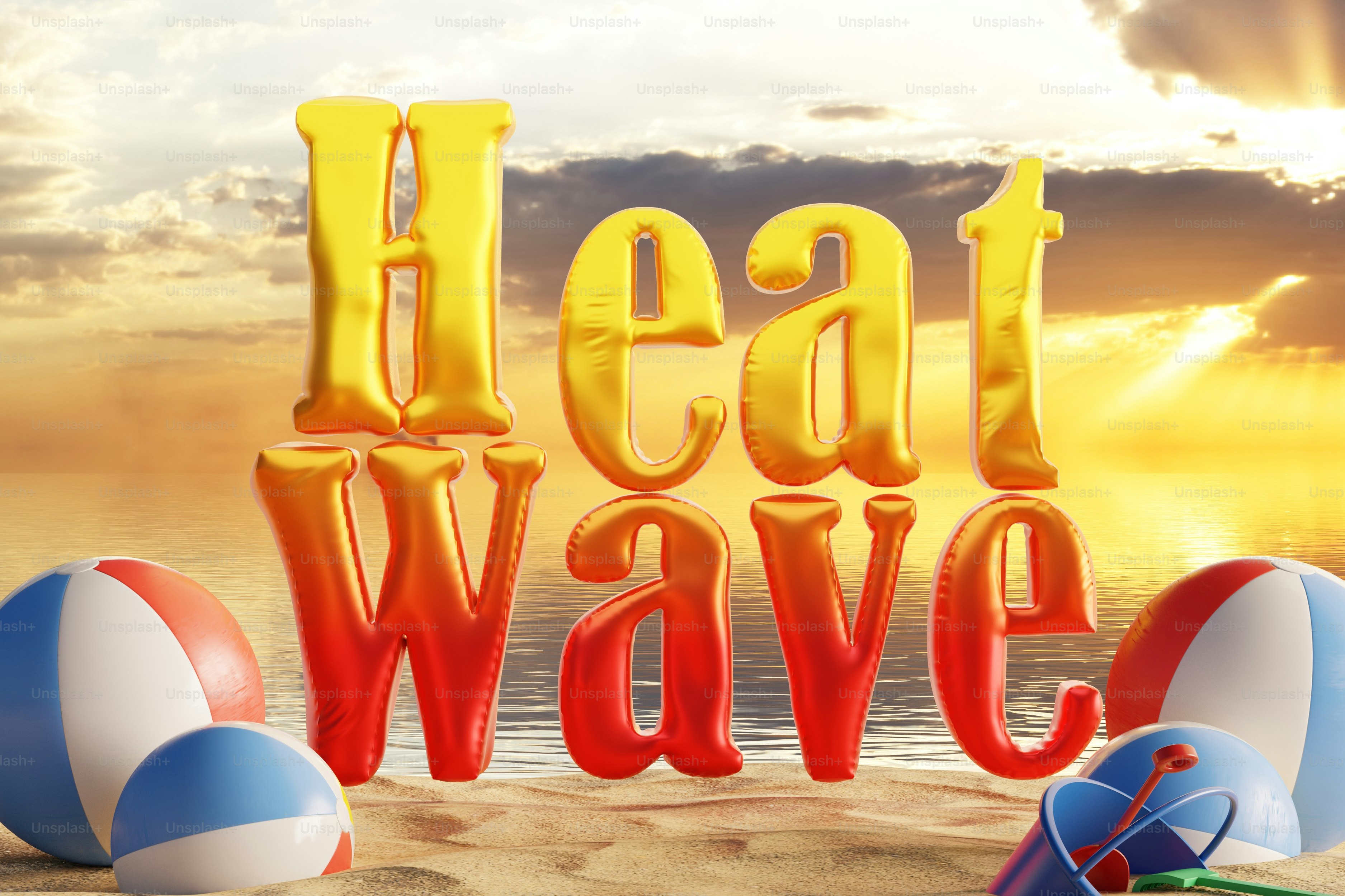 The words heat wave on a beach with beach balls.