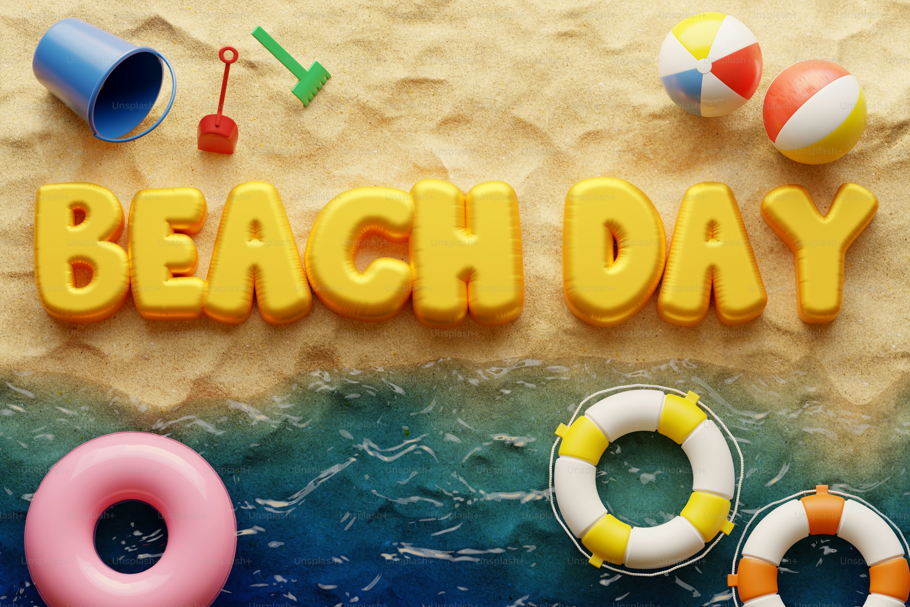 Beach day with sand, water, and toys.
