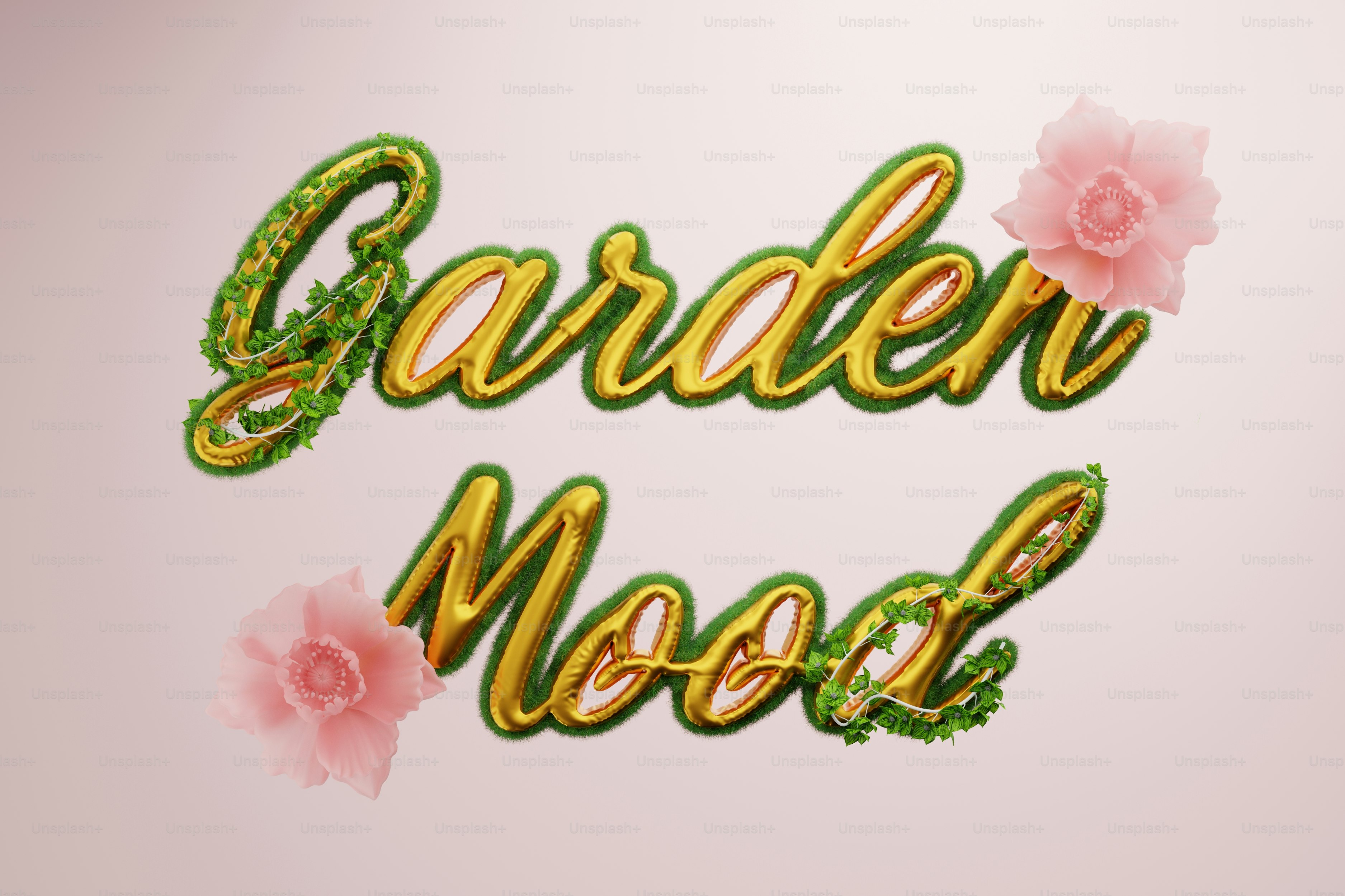 Golden "garden mood" text with pink roses
