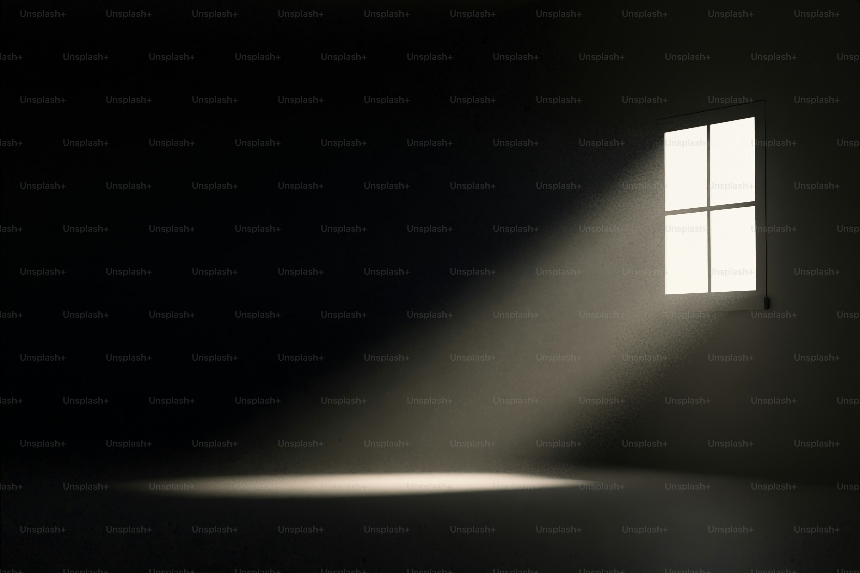 A luz do sol entra por uma janela em um quarto escuro.