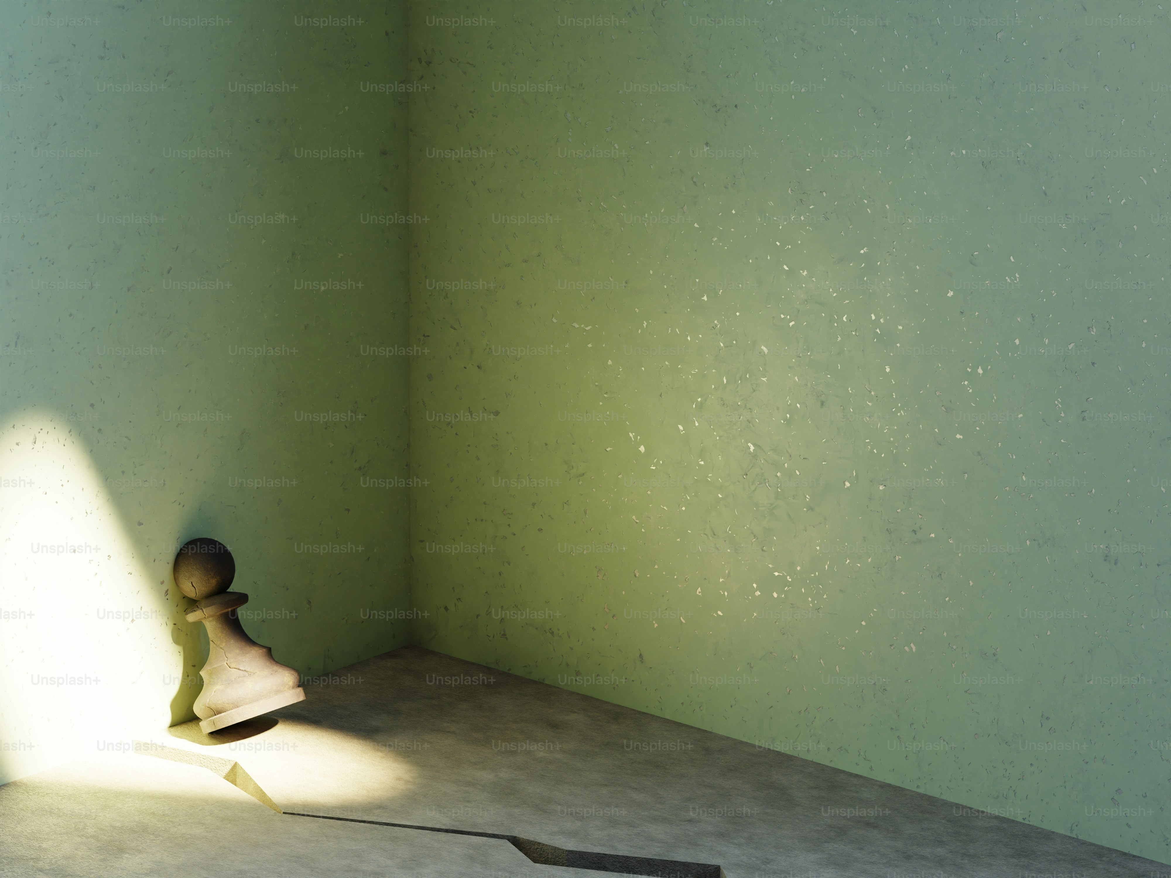 A lone chess pawn stands in a sunlit corner.