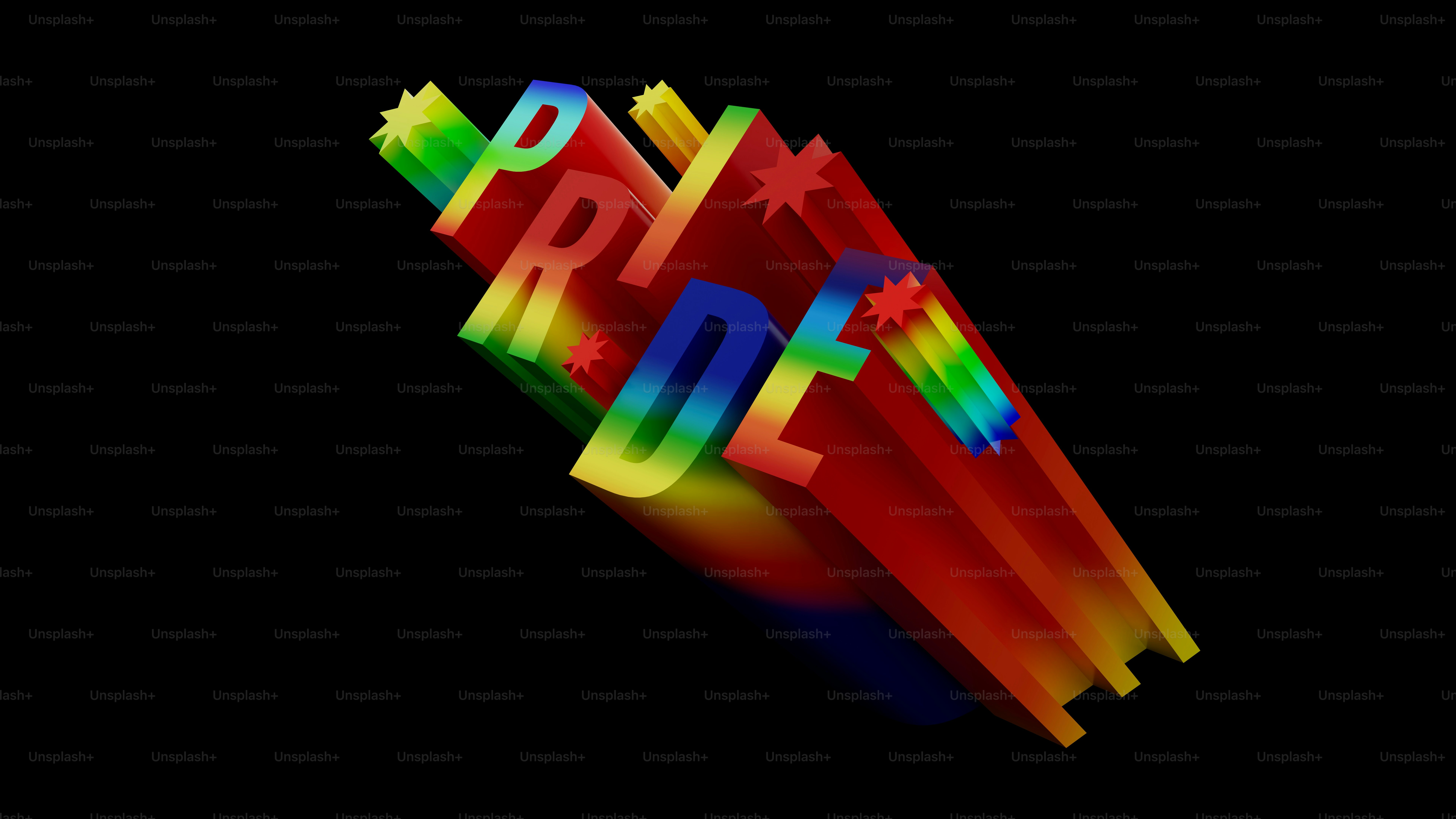 Texto 3D colorido soletrando o orgulho sobre fundo preto