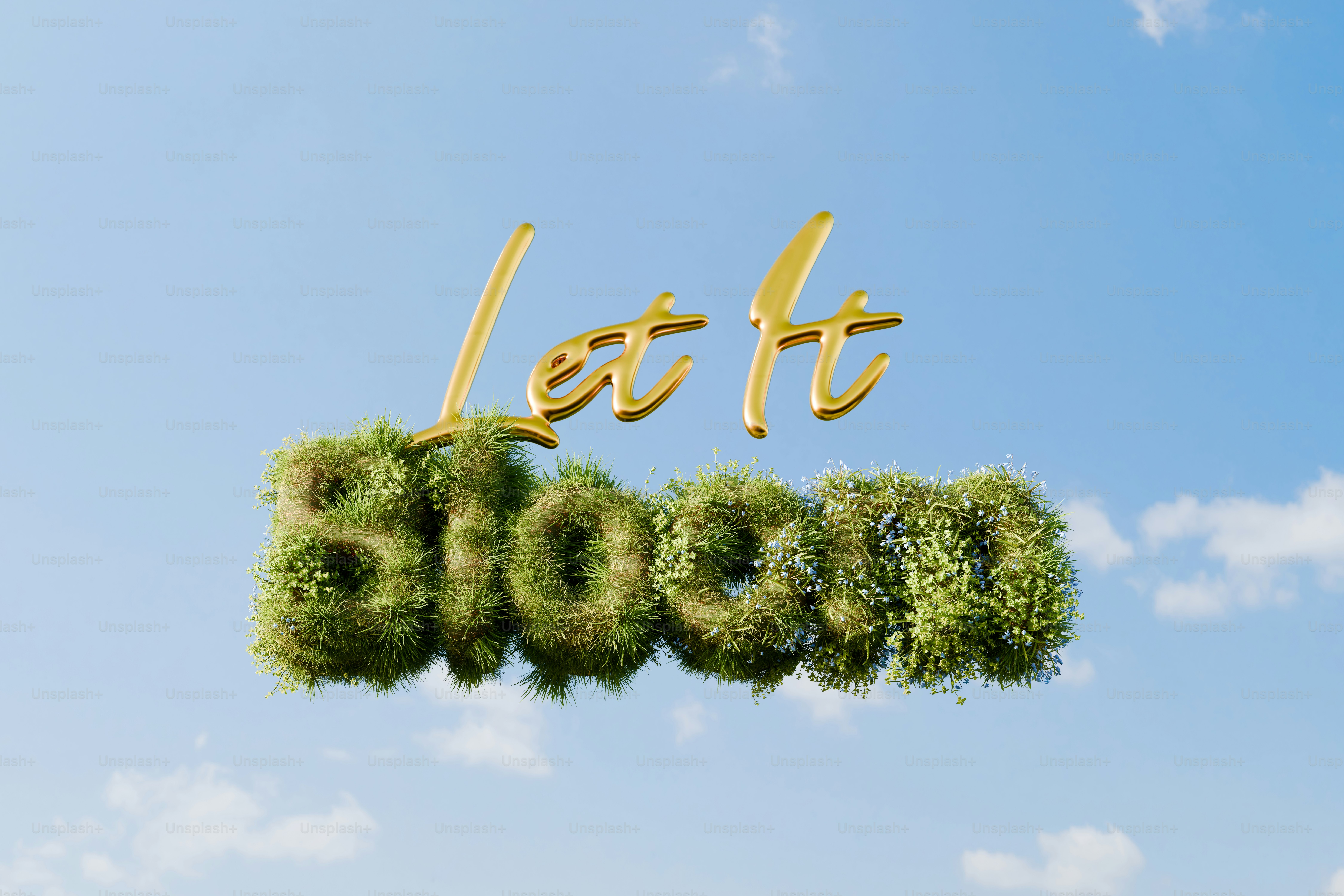 초록 잎사귀와 함께 금빛 글씨 "let it bloom"(꽃피게 하라)