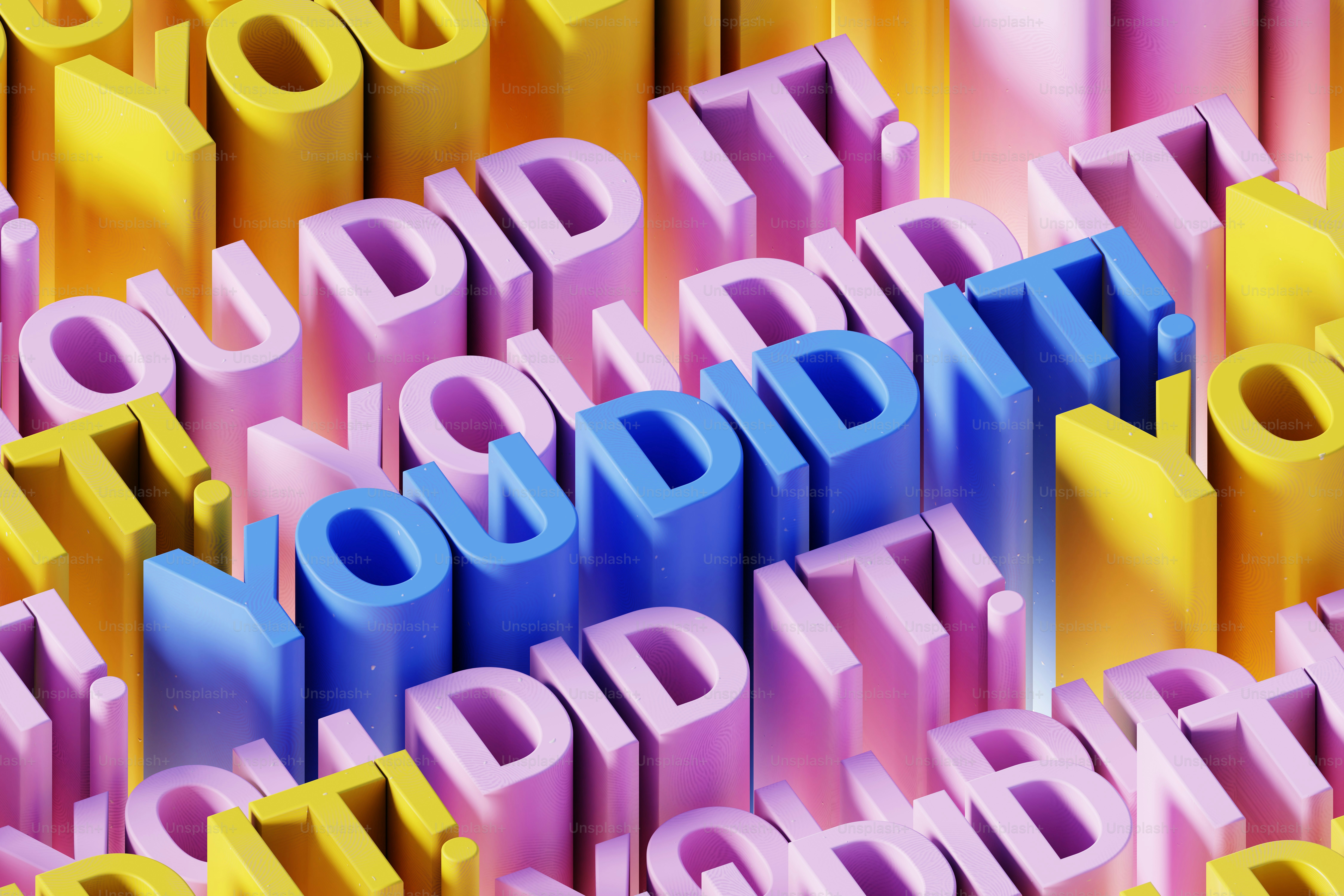 Letras 3D coloridas soletram "você conseguiu"