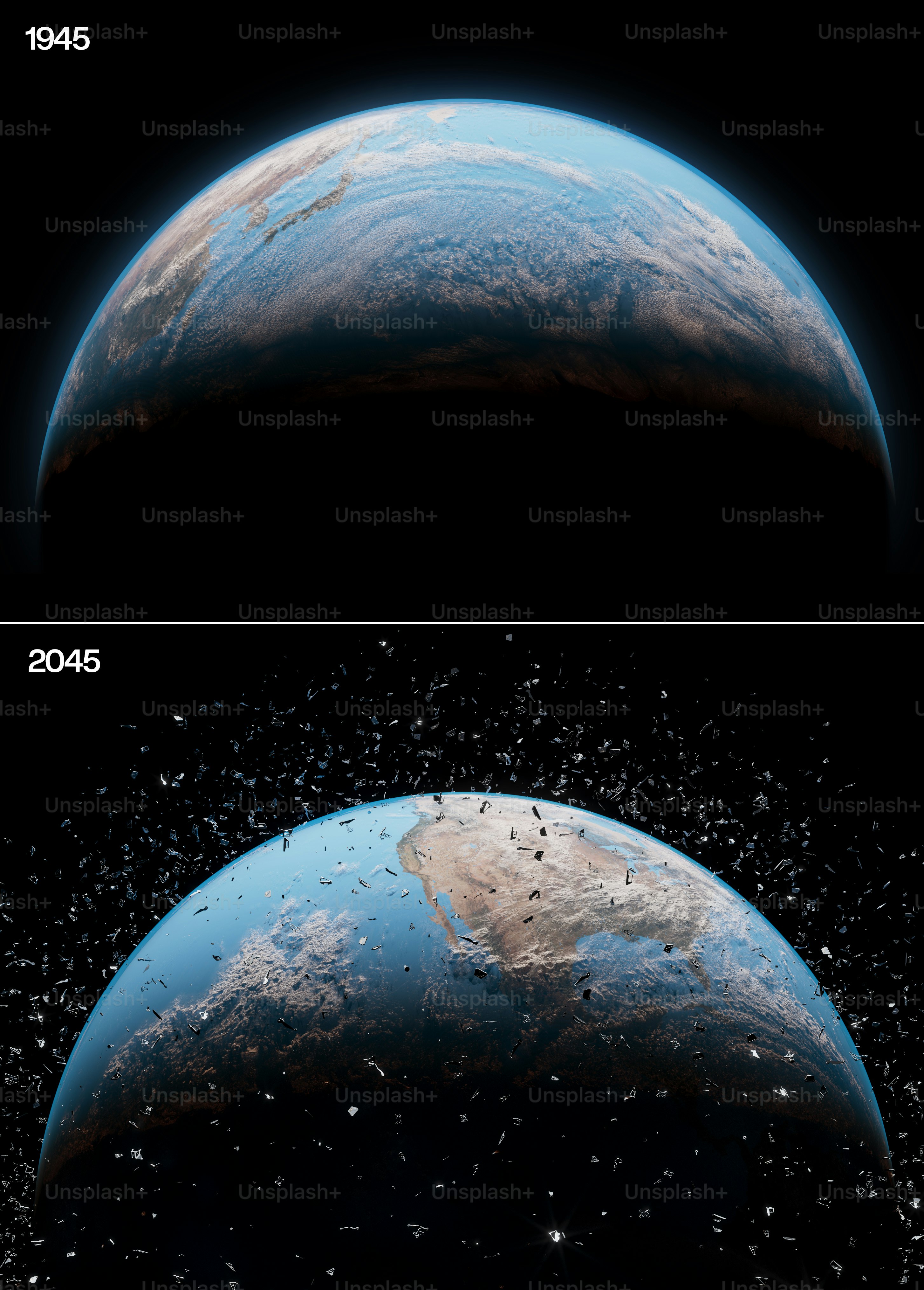 Bumi pada tahun 1945 versus bumi pada tahun 2045 dengan puing-puing luar angkasa.