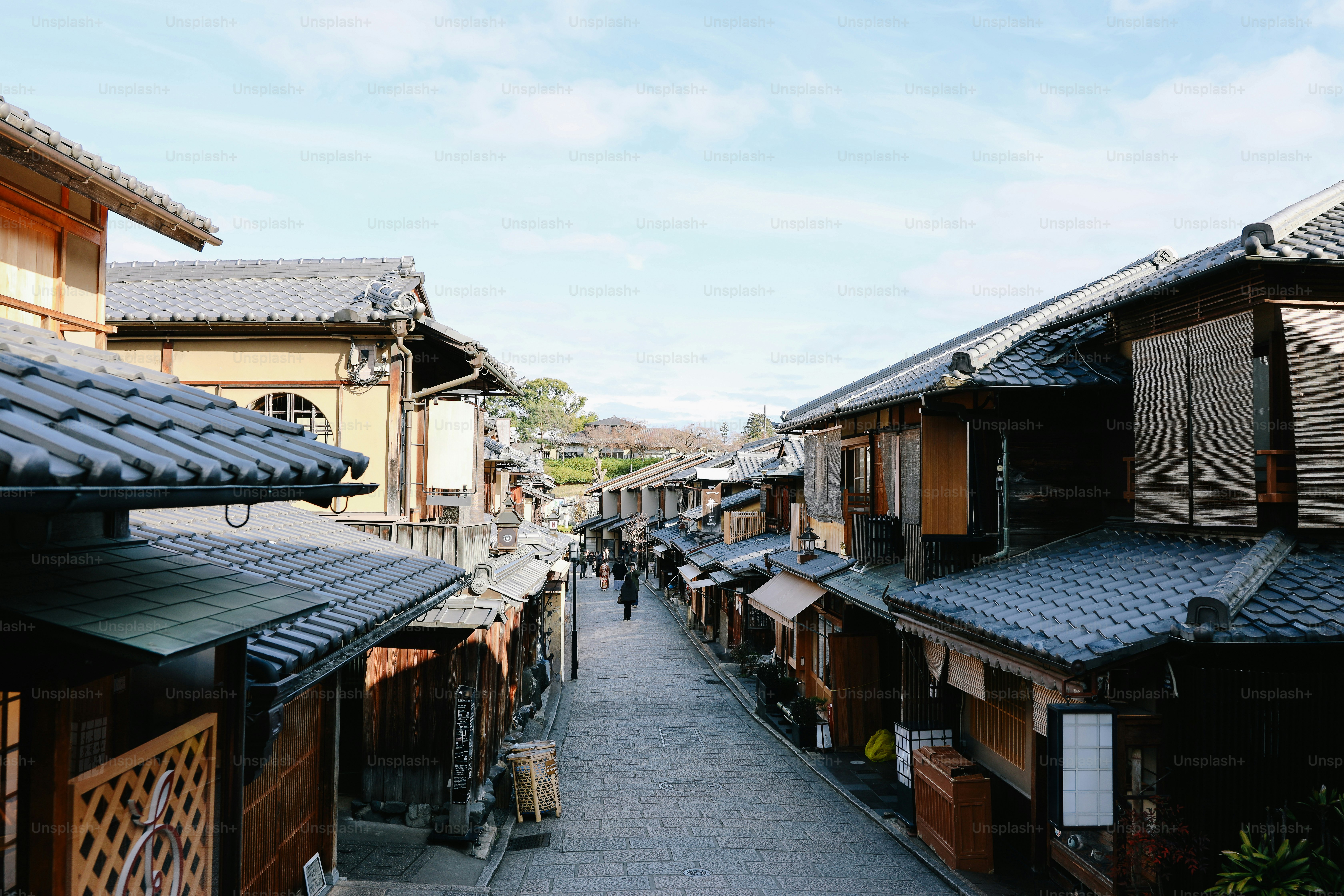 Rue japonaise traditionnelle avec des bâtiments en bois et des toits en tuiles