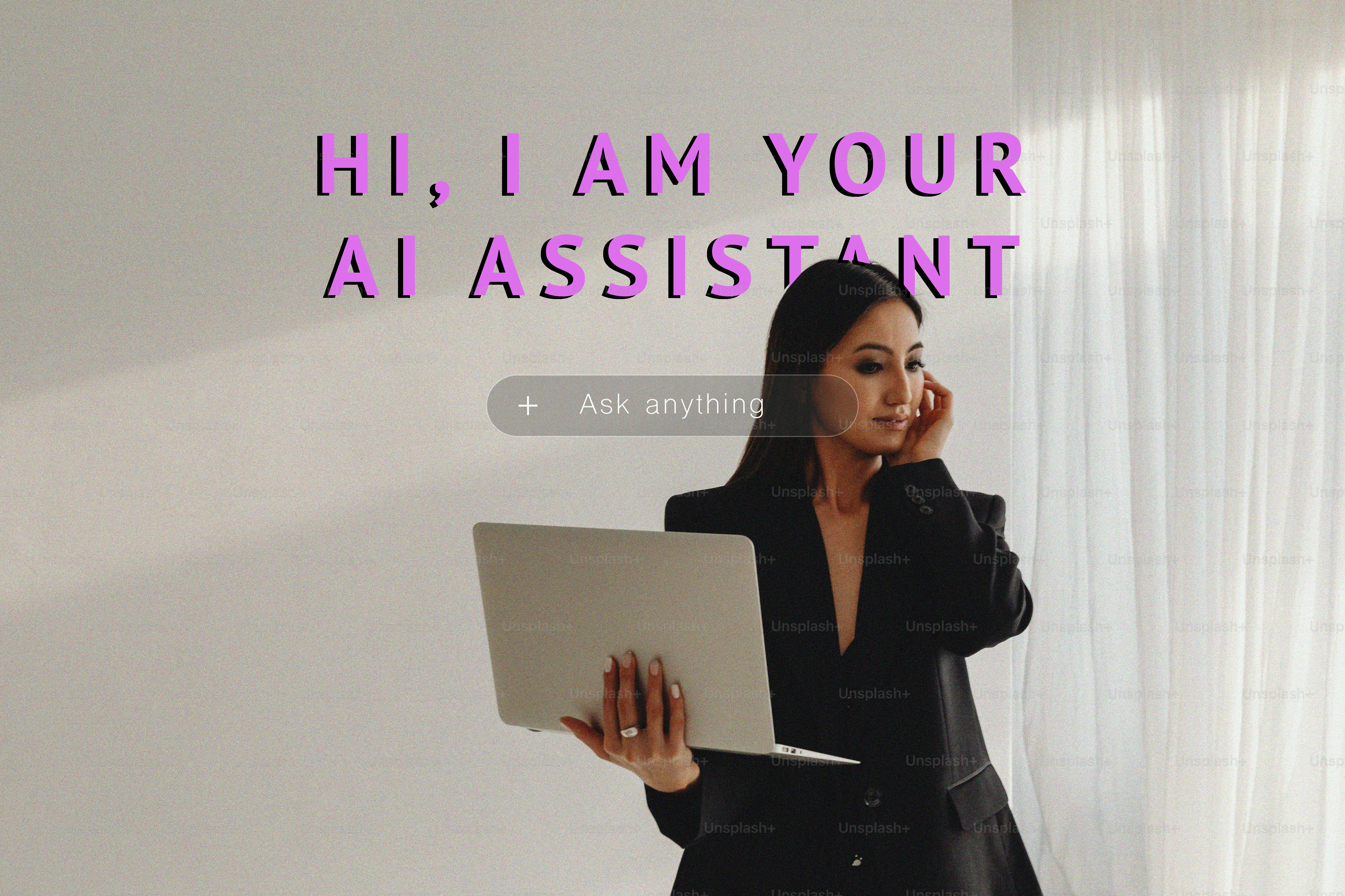 Woman with laptop and ai assistant text