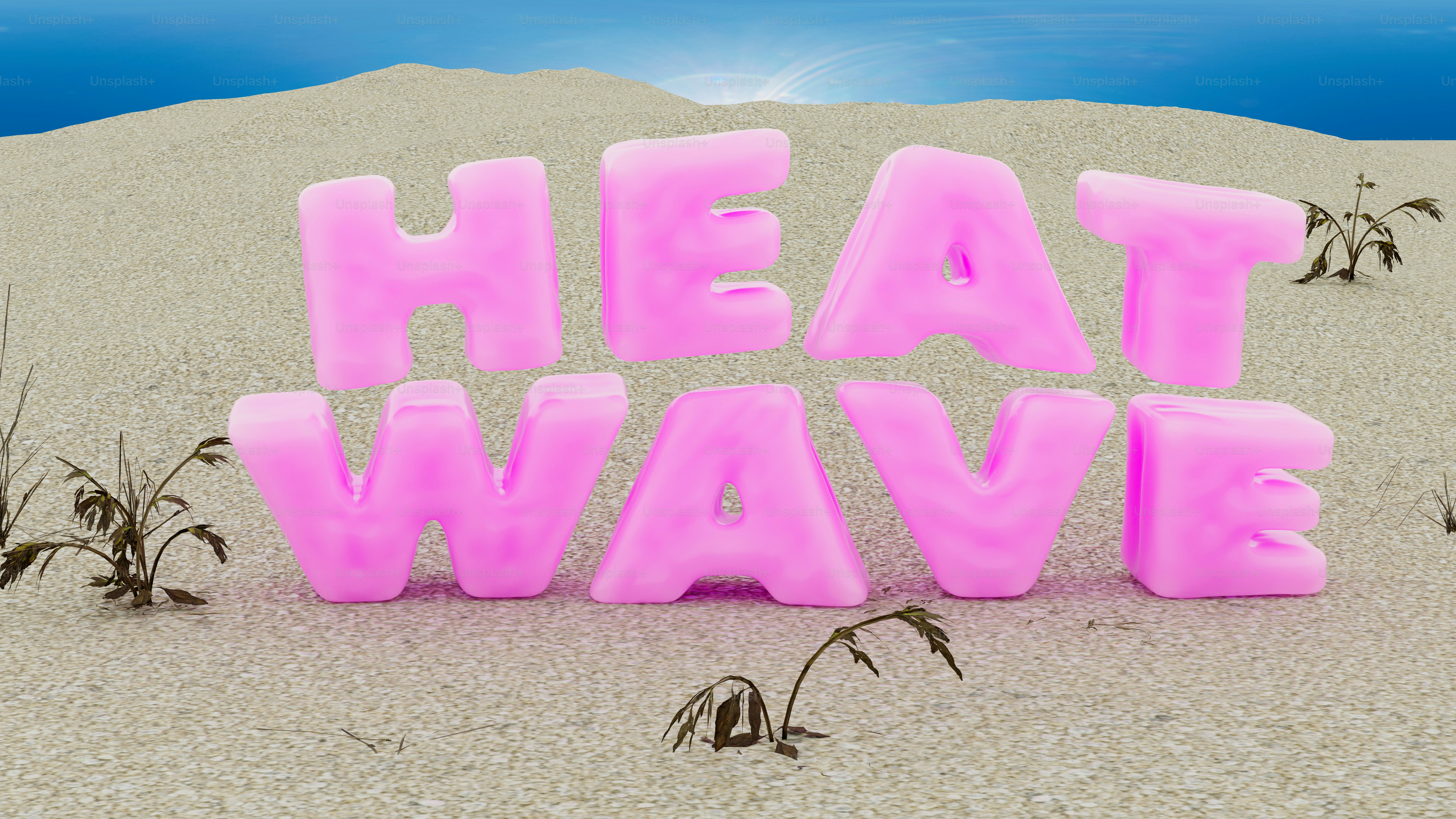 Texto 3D rosa soletrando "heat wave" na areia