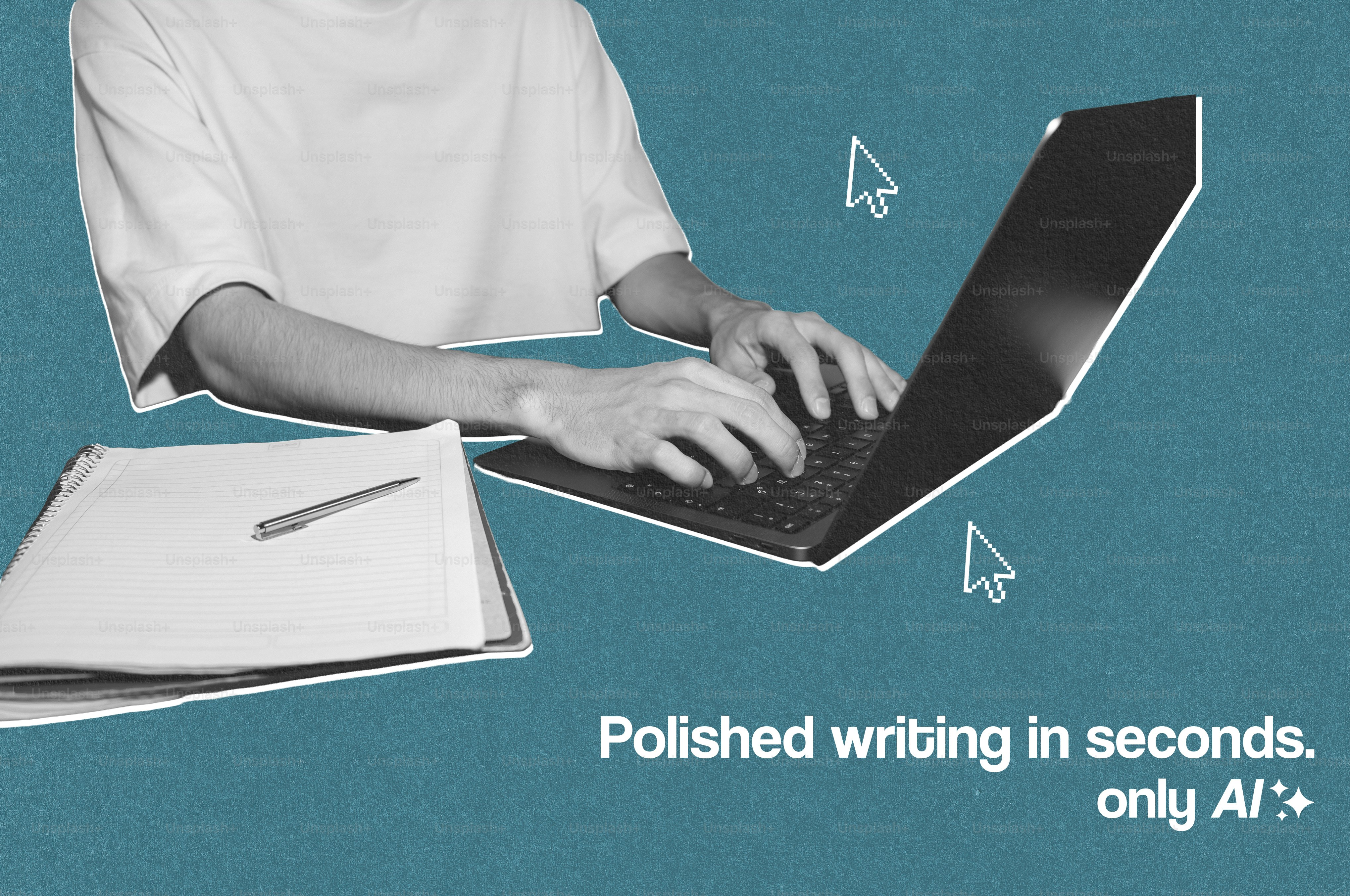 Person typing on a laptop with cursor icons.