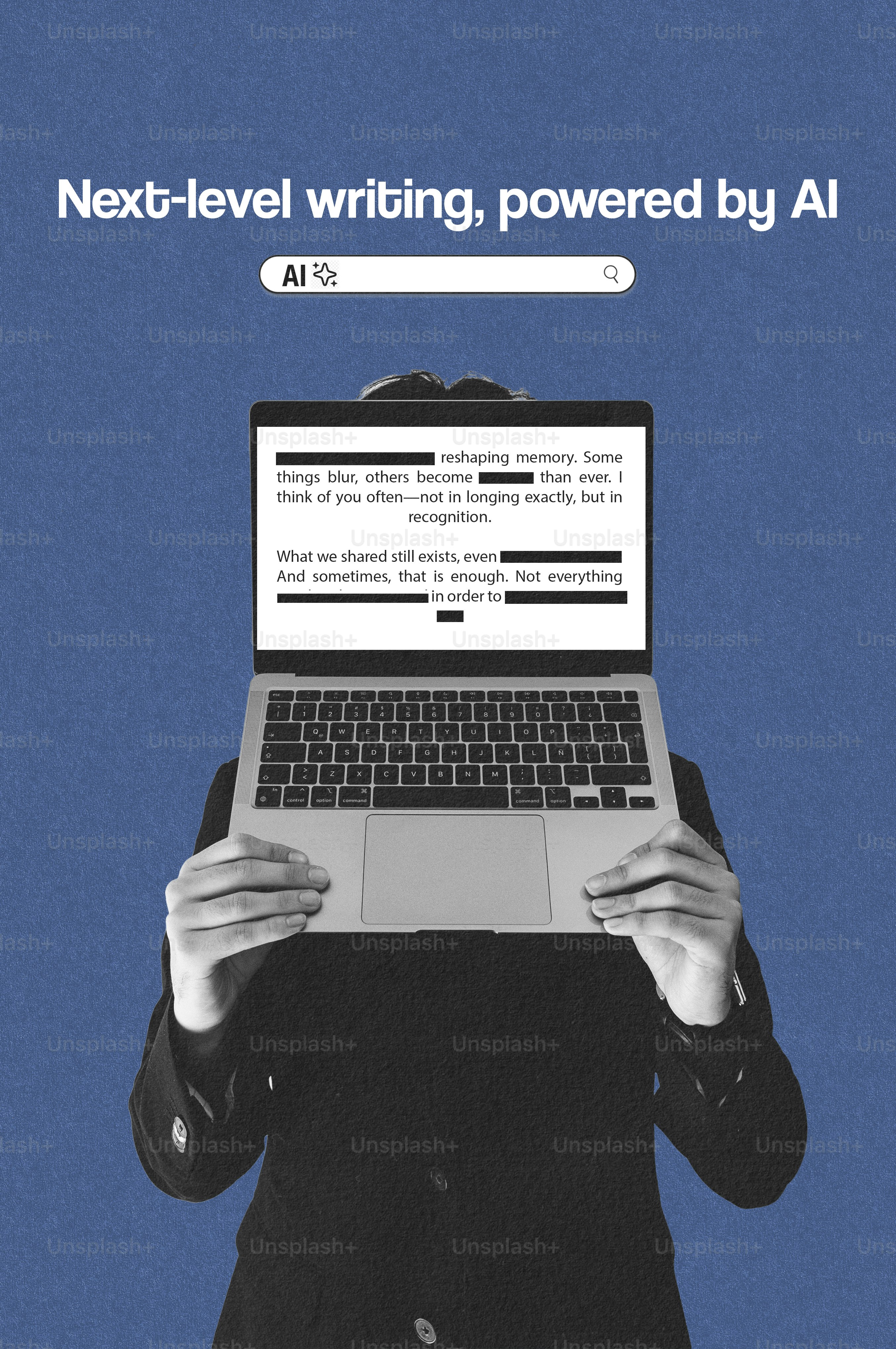 Person holds laptop displaying text with ai search bar