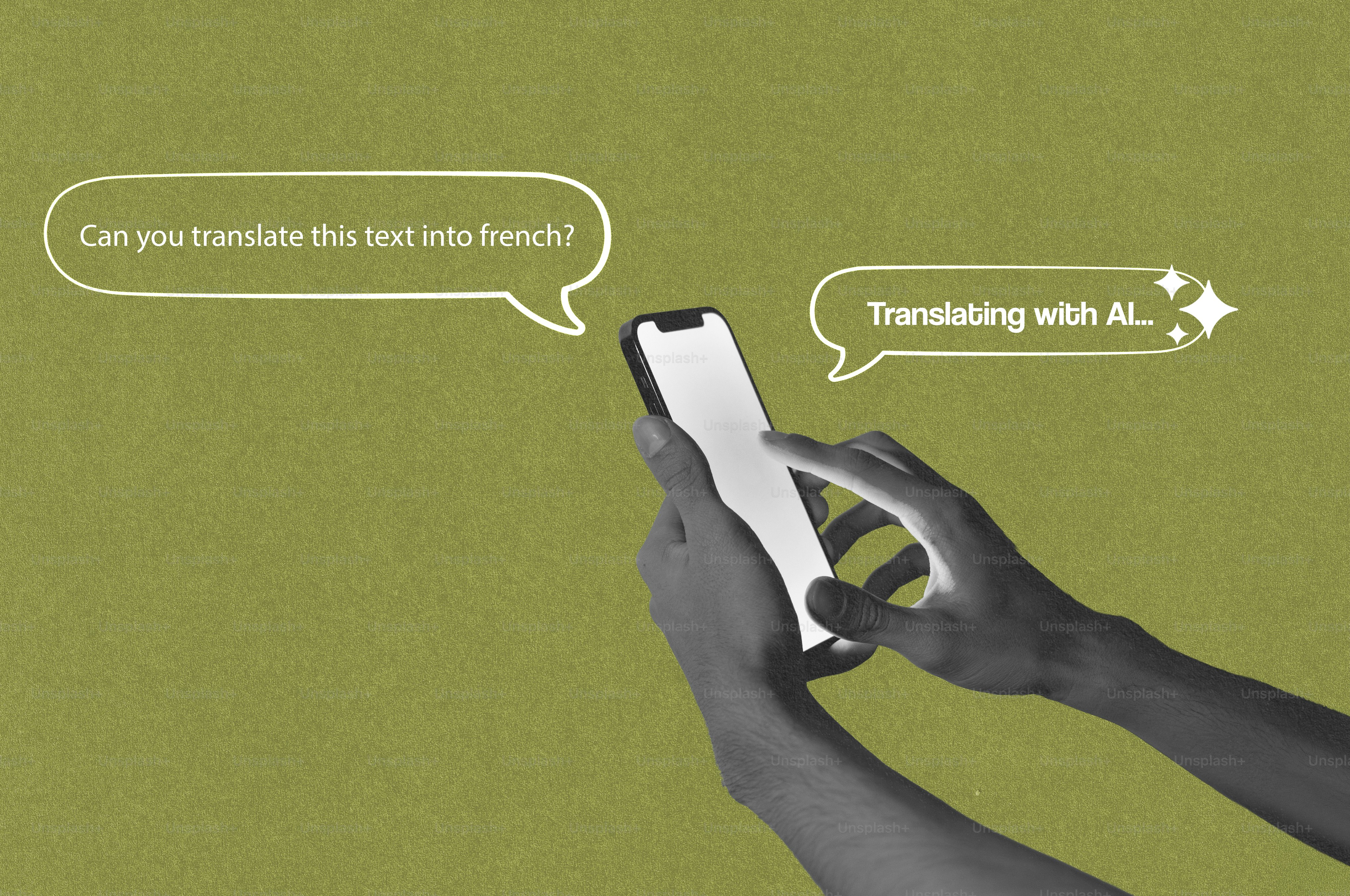 Manos usando teléfono para traducción por IA