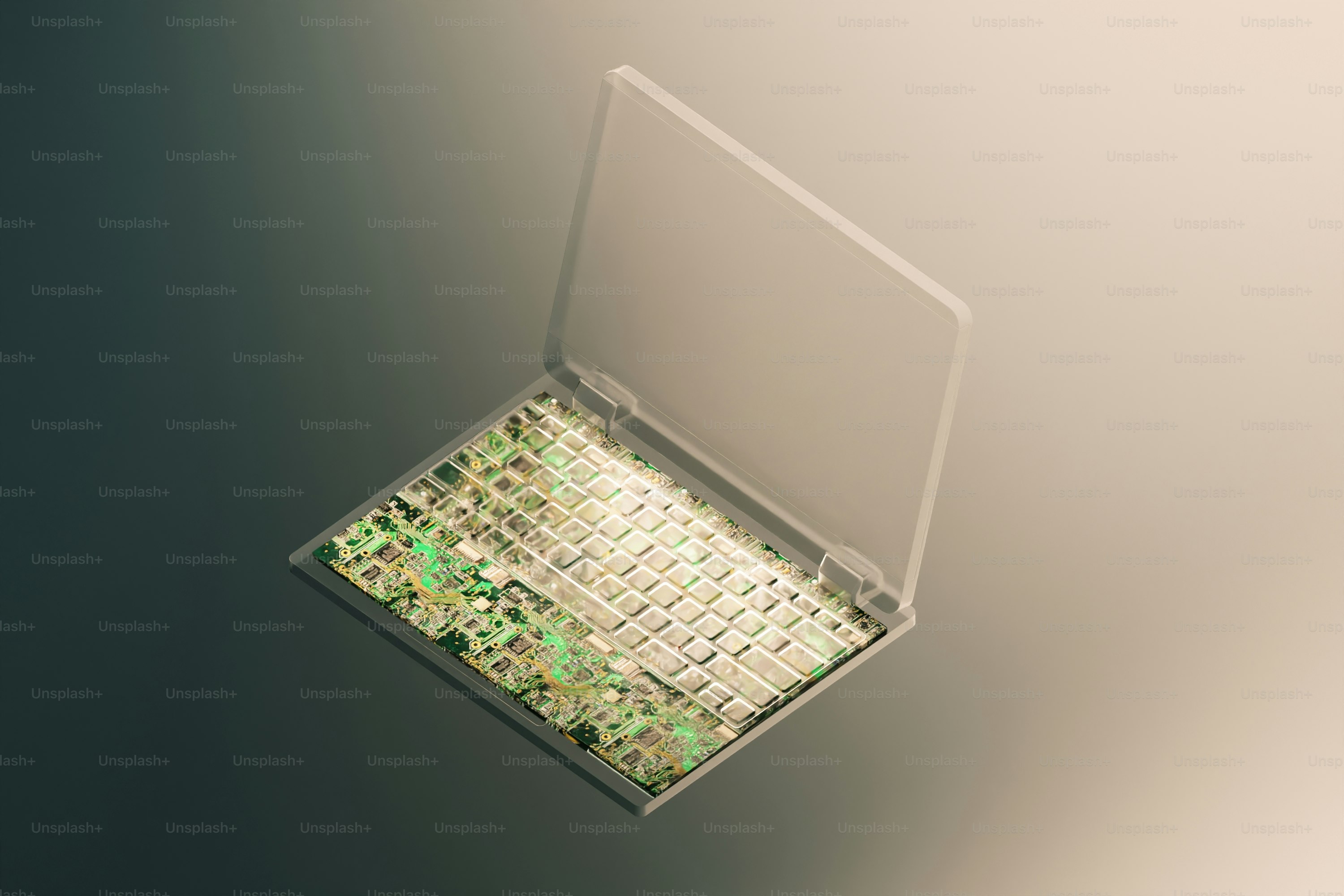 Transparenter Laptop mit komplexer Schaltung im Inneren