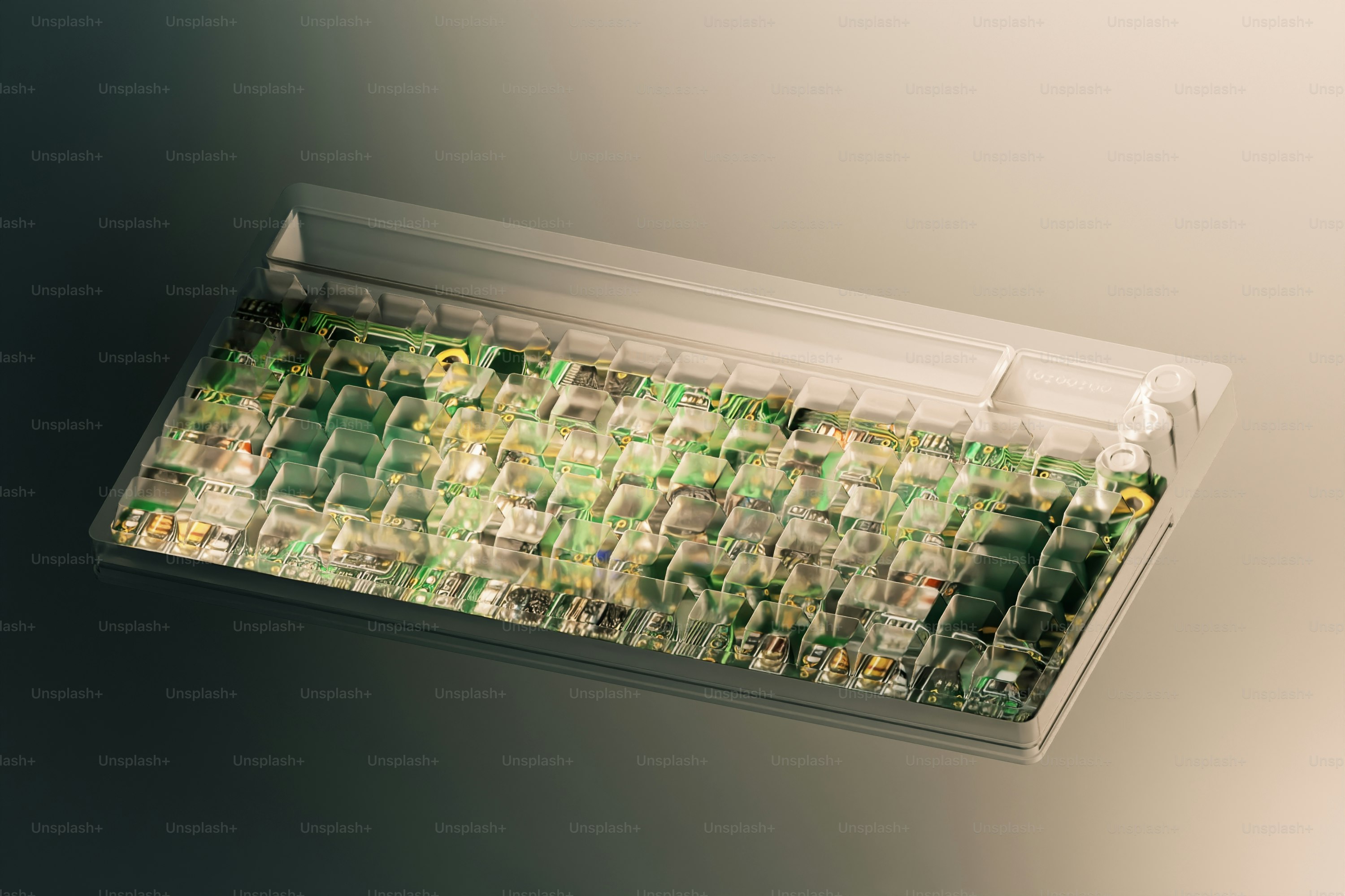 Teclado transparente revela circuitos verdes intrincados por dentro
