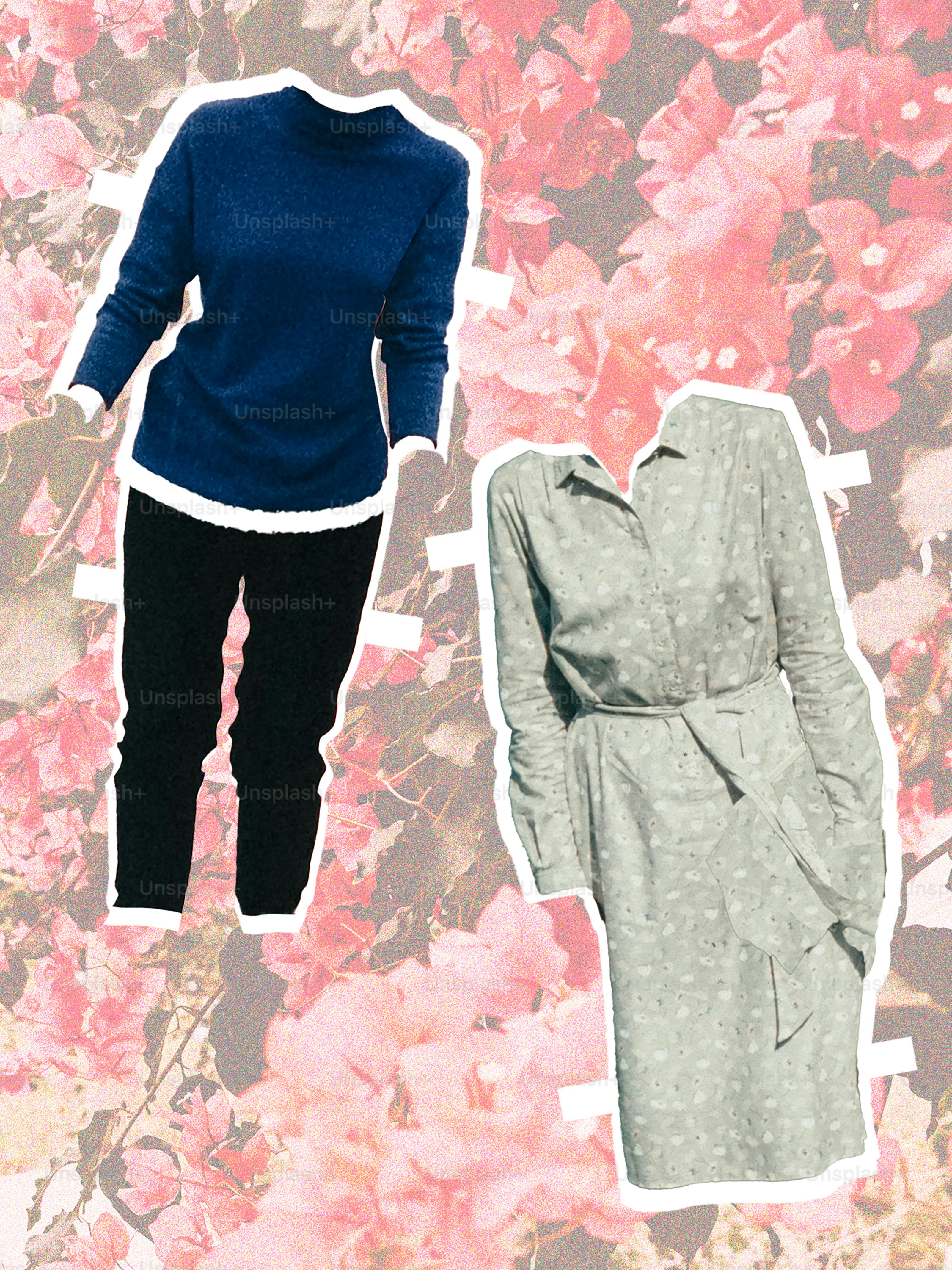 Navy sweater and black pants next to a grey dress.