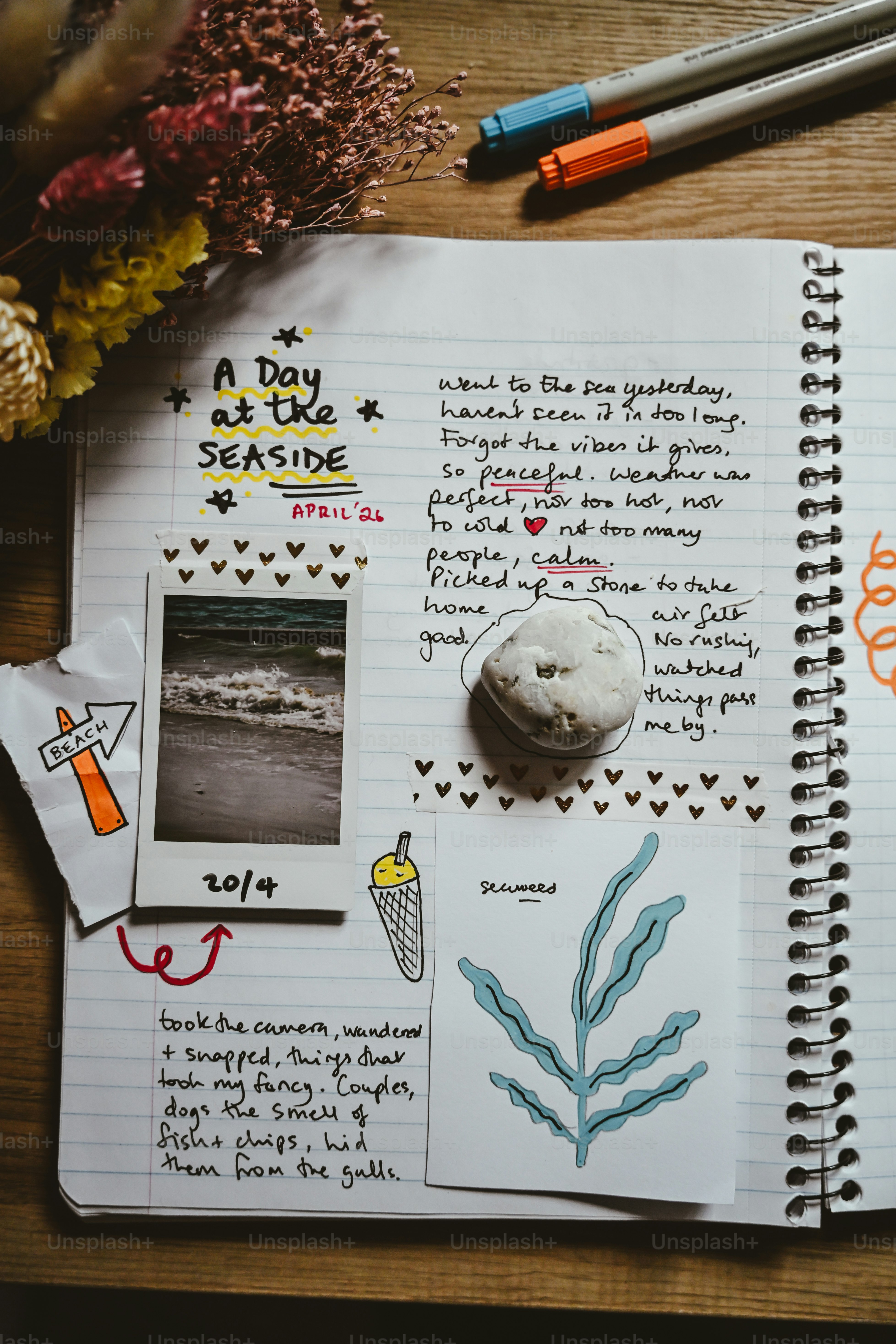 Handwritten journal with seaside photo, shell, and drawings.