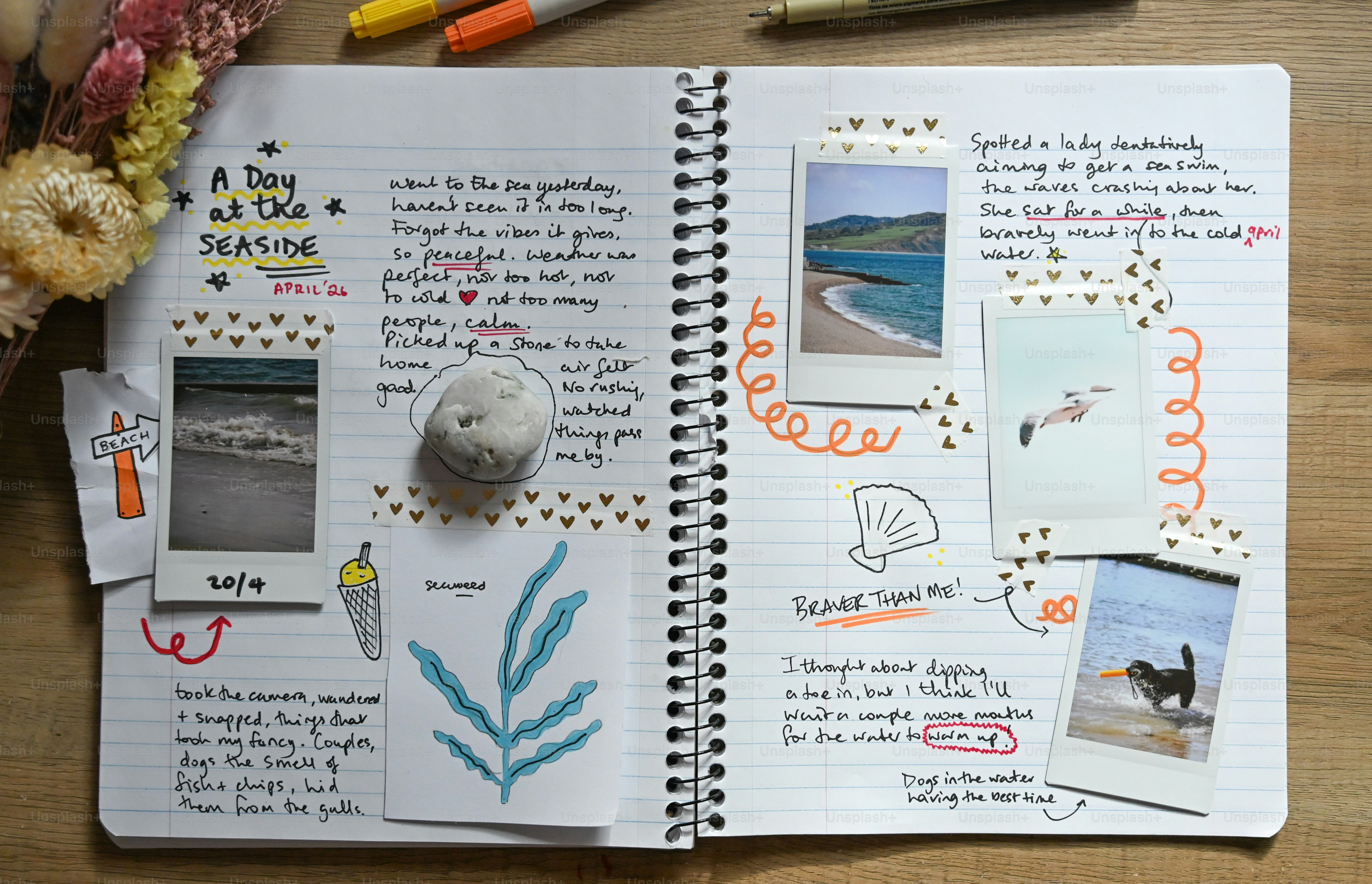 A journal spread documenting a day at the seaside.