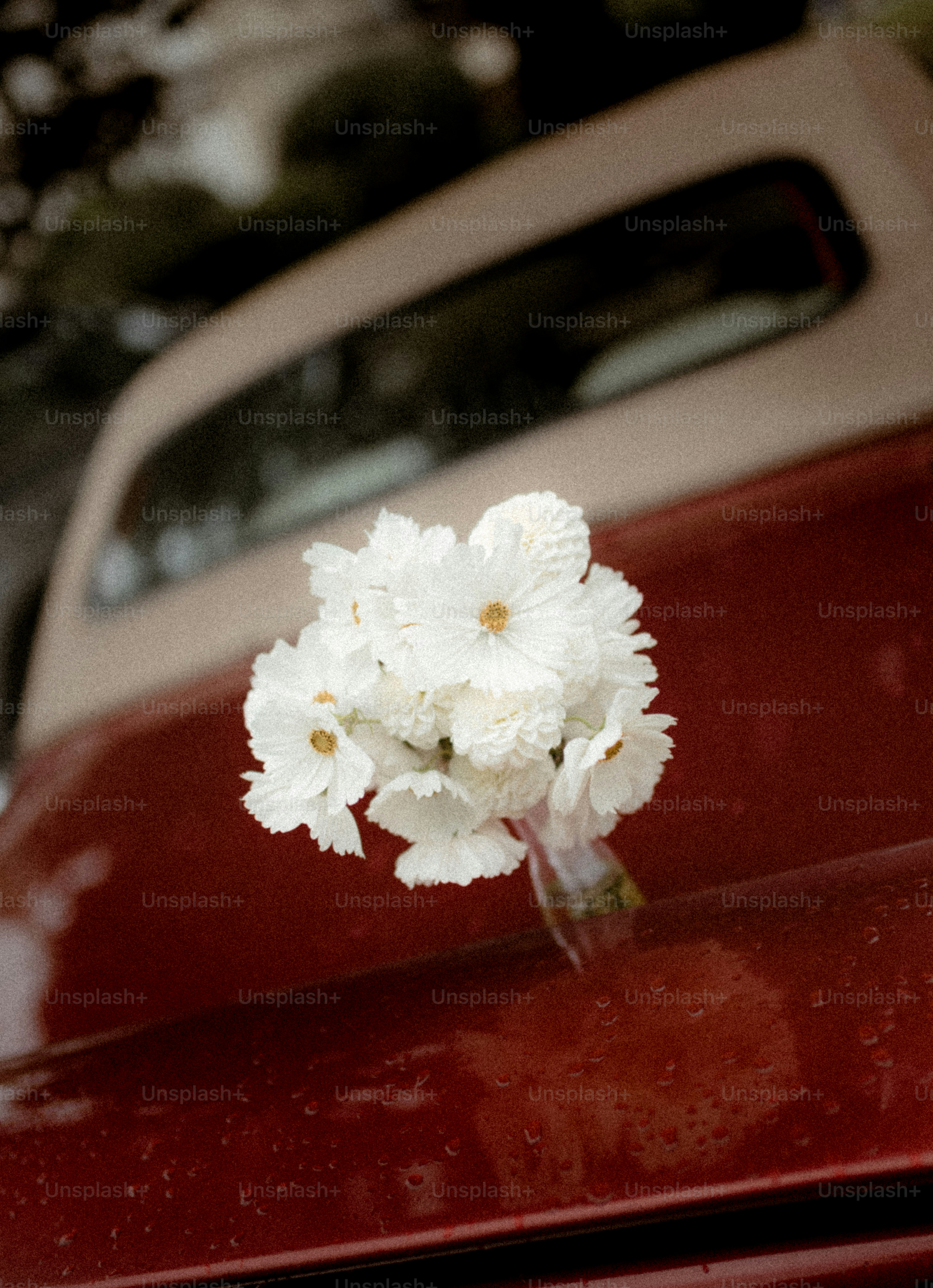 Flores blancas en un jarrón de cristal sobre un camión rojo