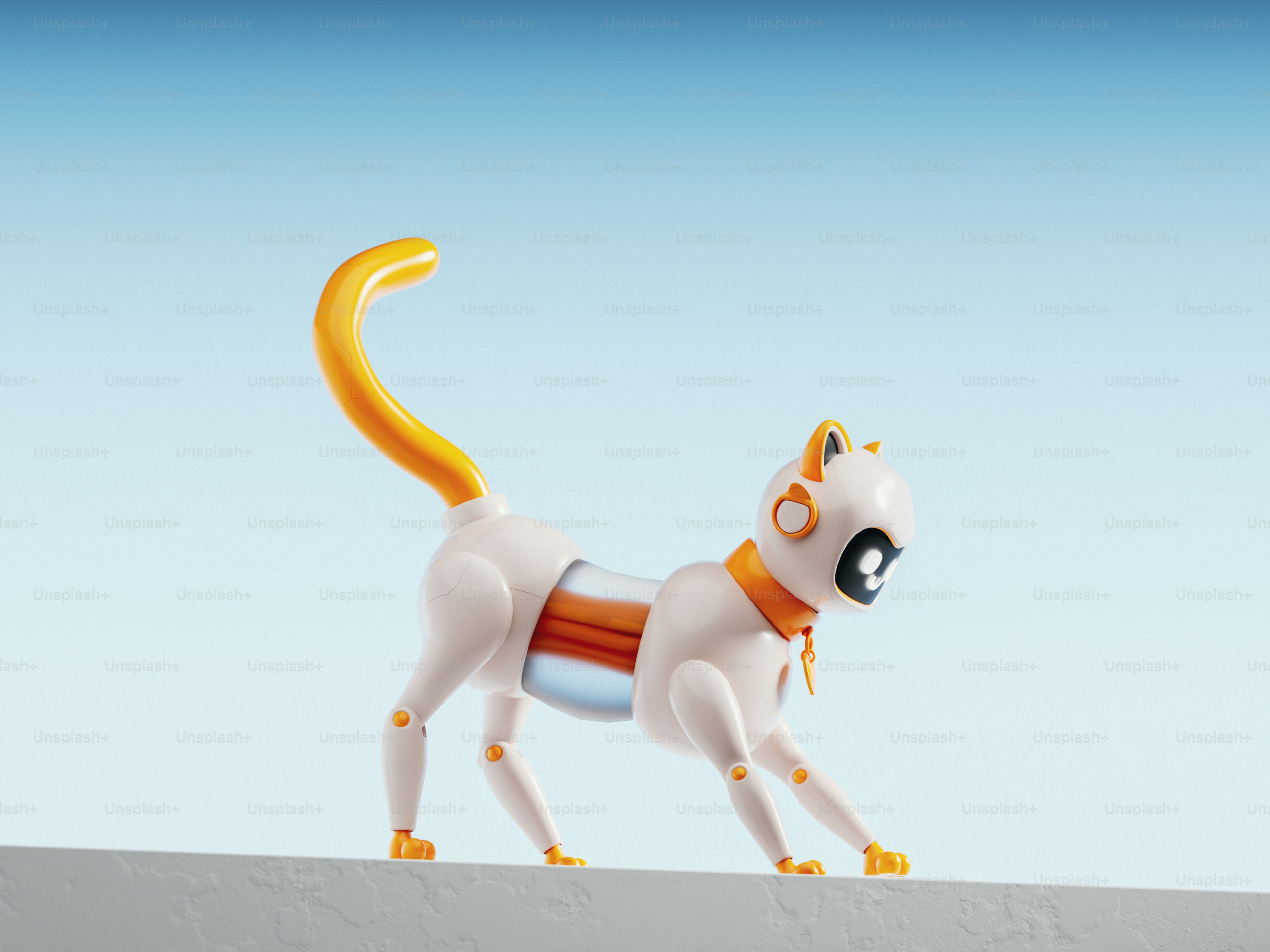 A robotic cat with orange accents on a blue background