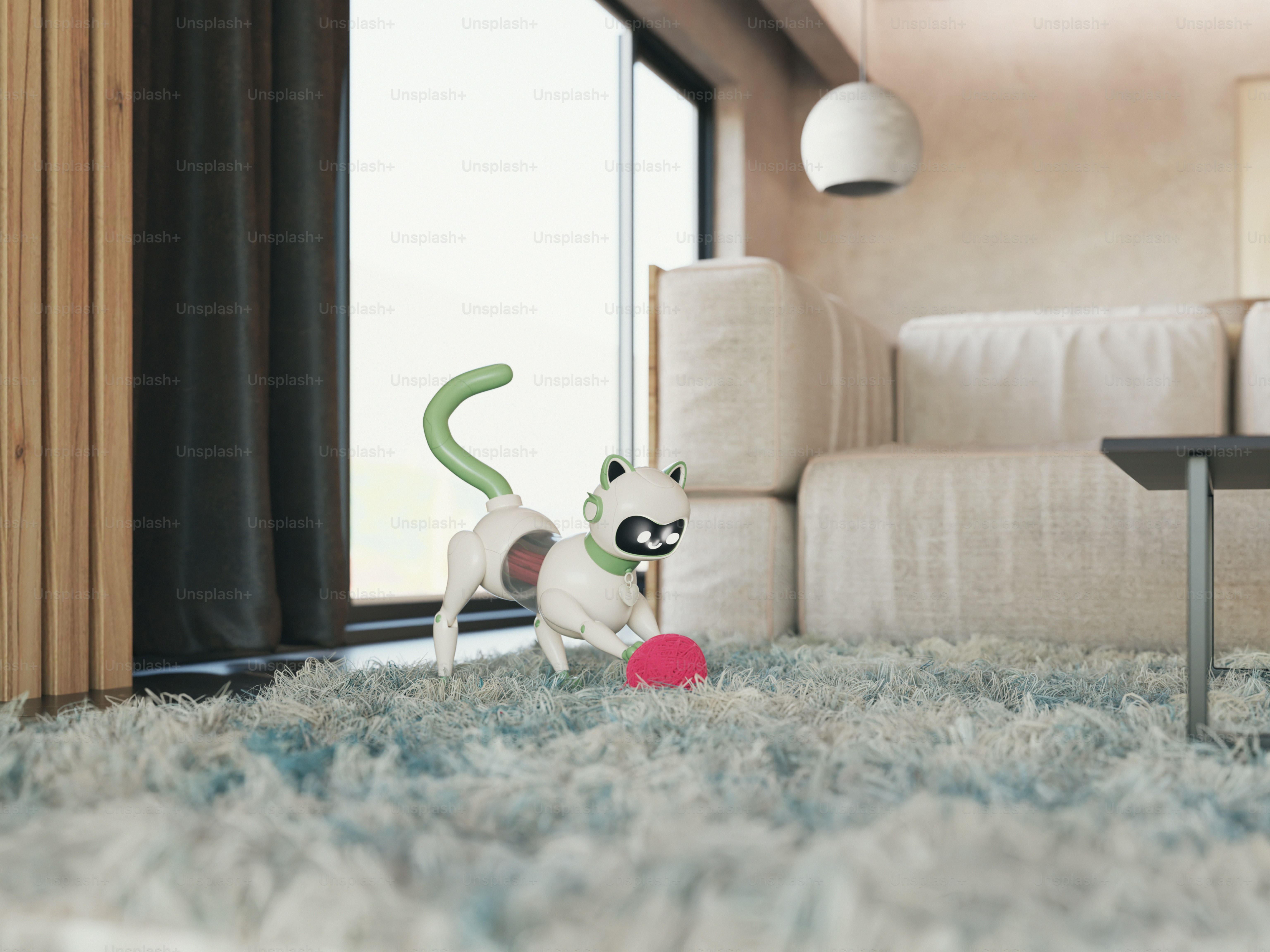 White robot cat plays with a pink ball indoors. photo – Technology ...