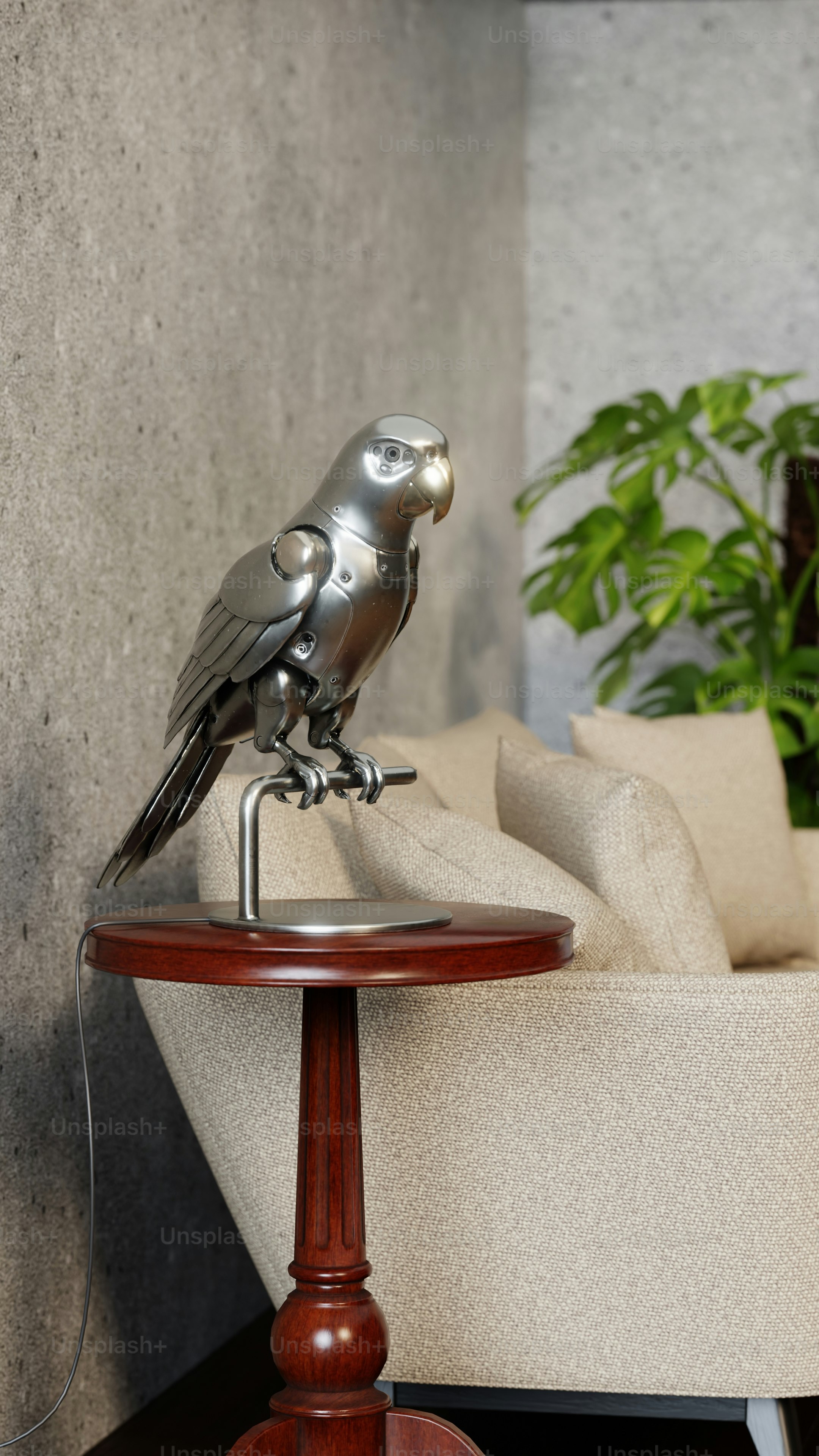 A metallic parrot sculpture sits on a wooden table. photo – Tech design ...