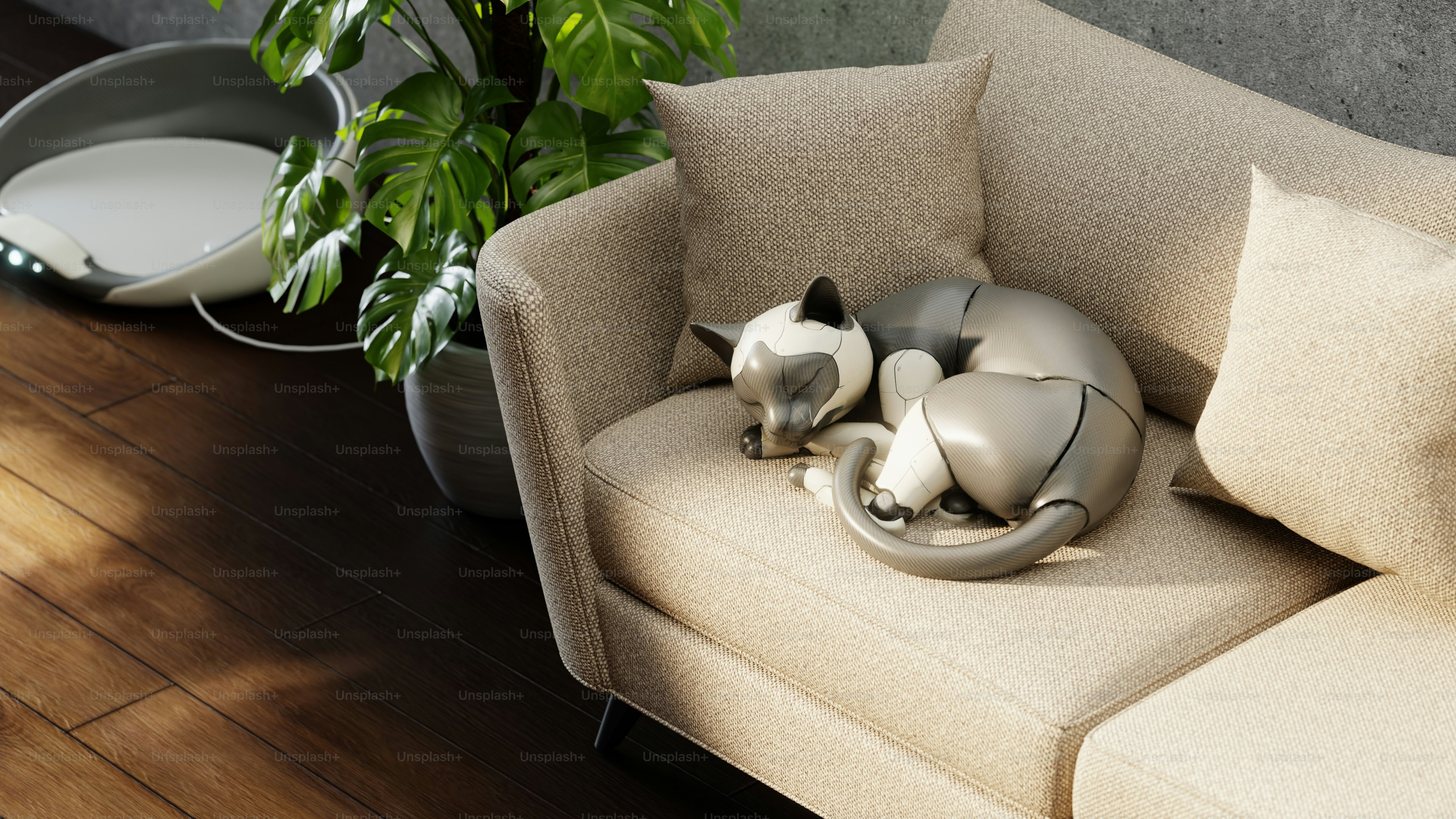 A robotic cat sleeps curled up on a sofa. photo – Technology Image on ...