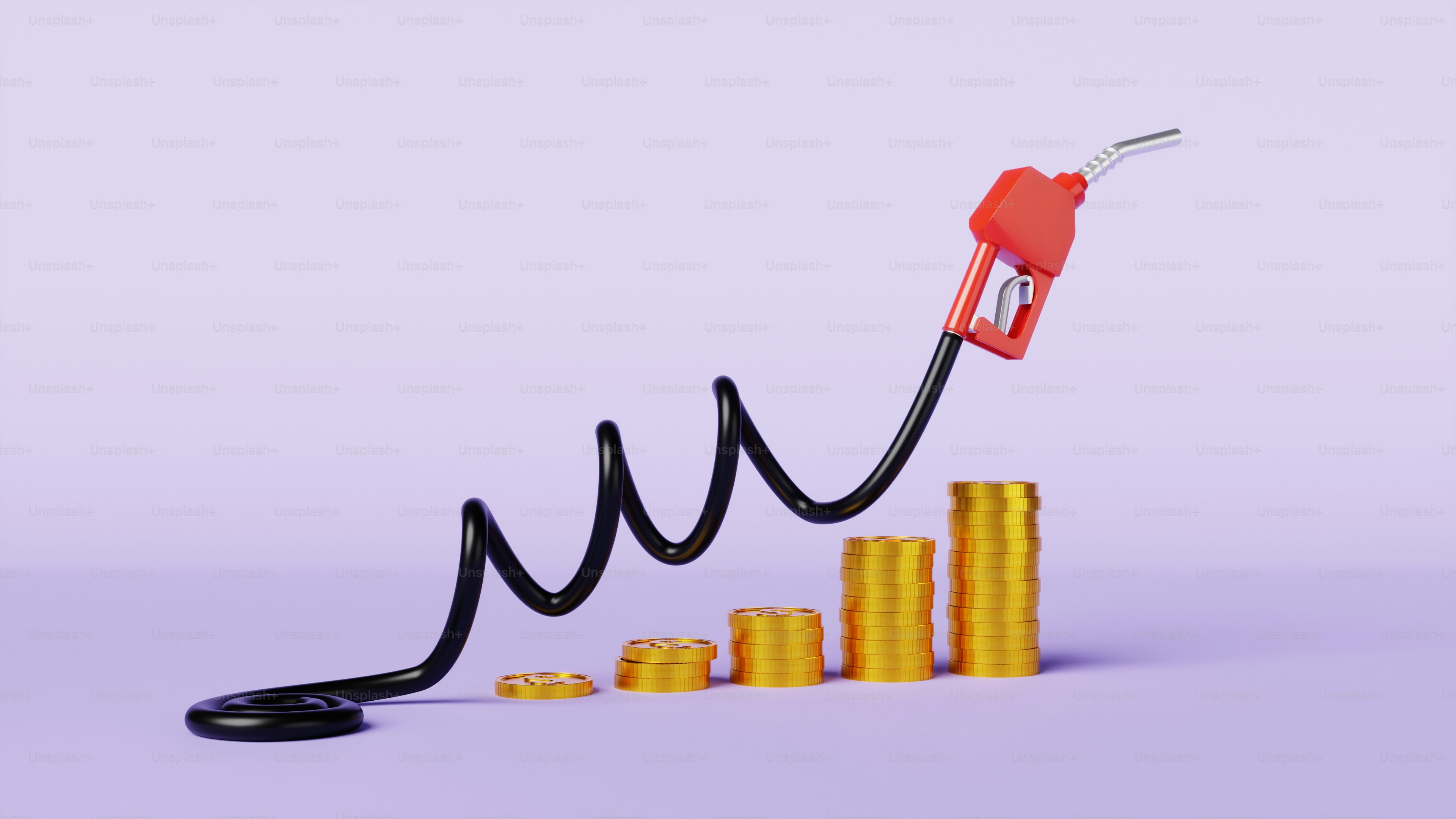 Boquilla de bomba de gasolina con monedas en aumento que simbolizan precios en aumento