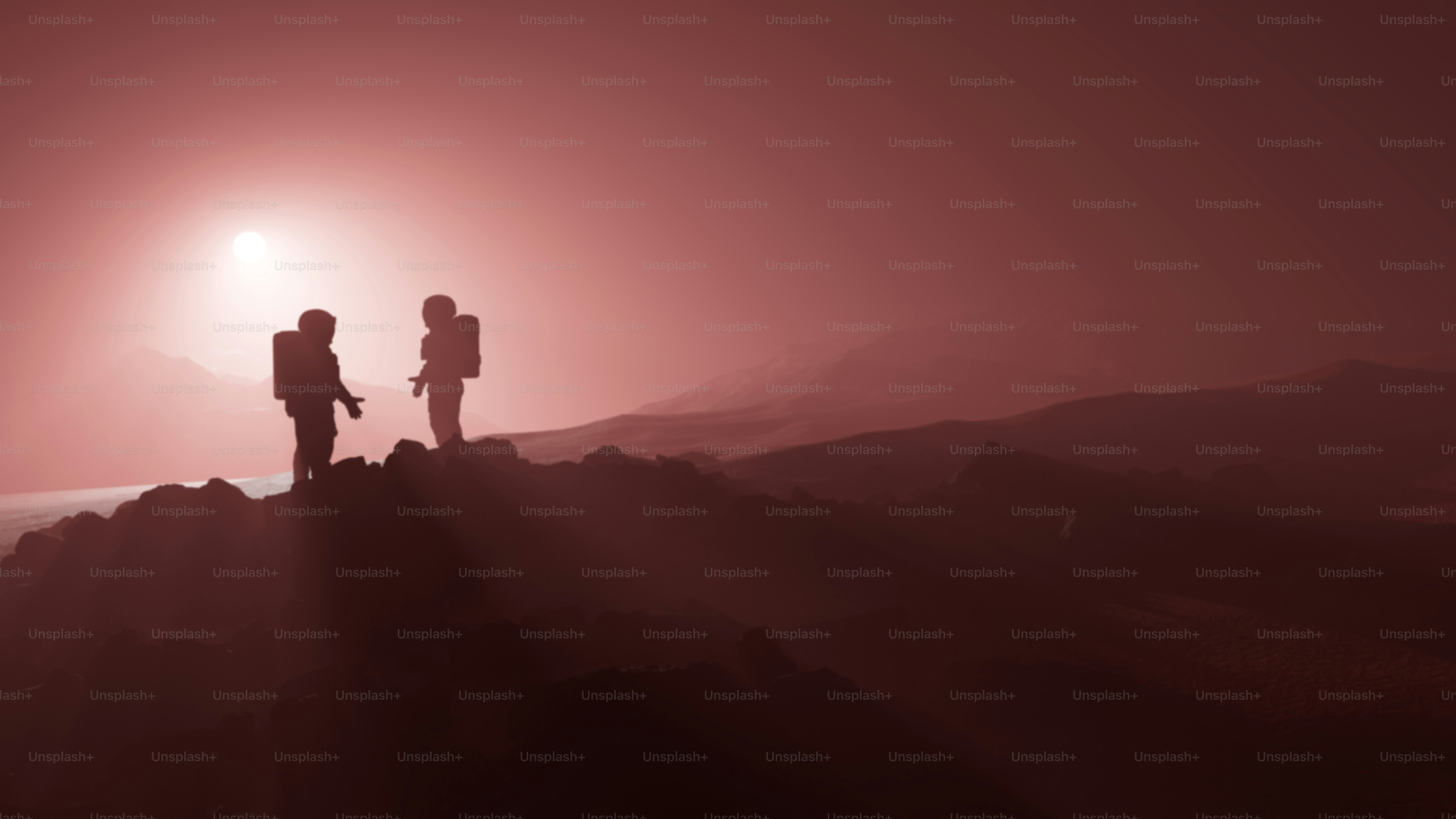 Dua astronot berdiri di planet asing berbatu