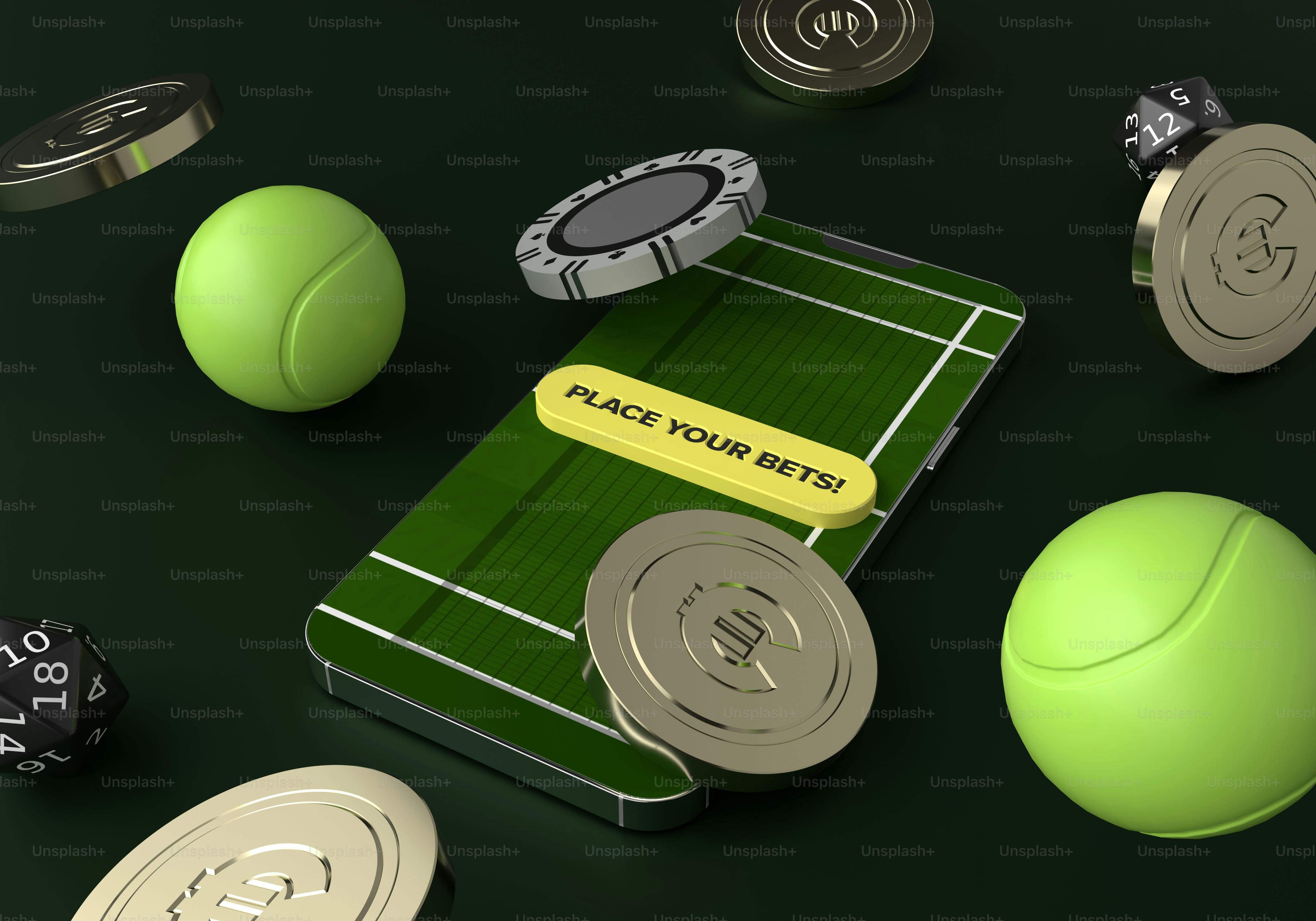Bola tenis, chip, koin, dan dadu dengan latar belakang gelap.