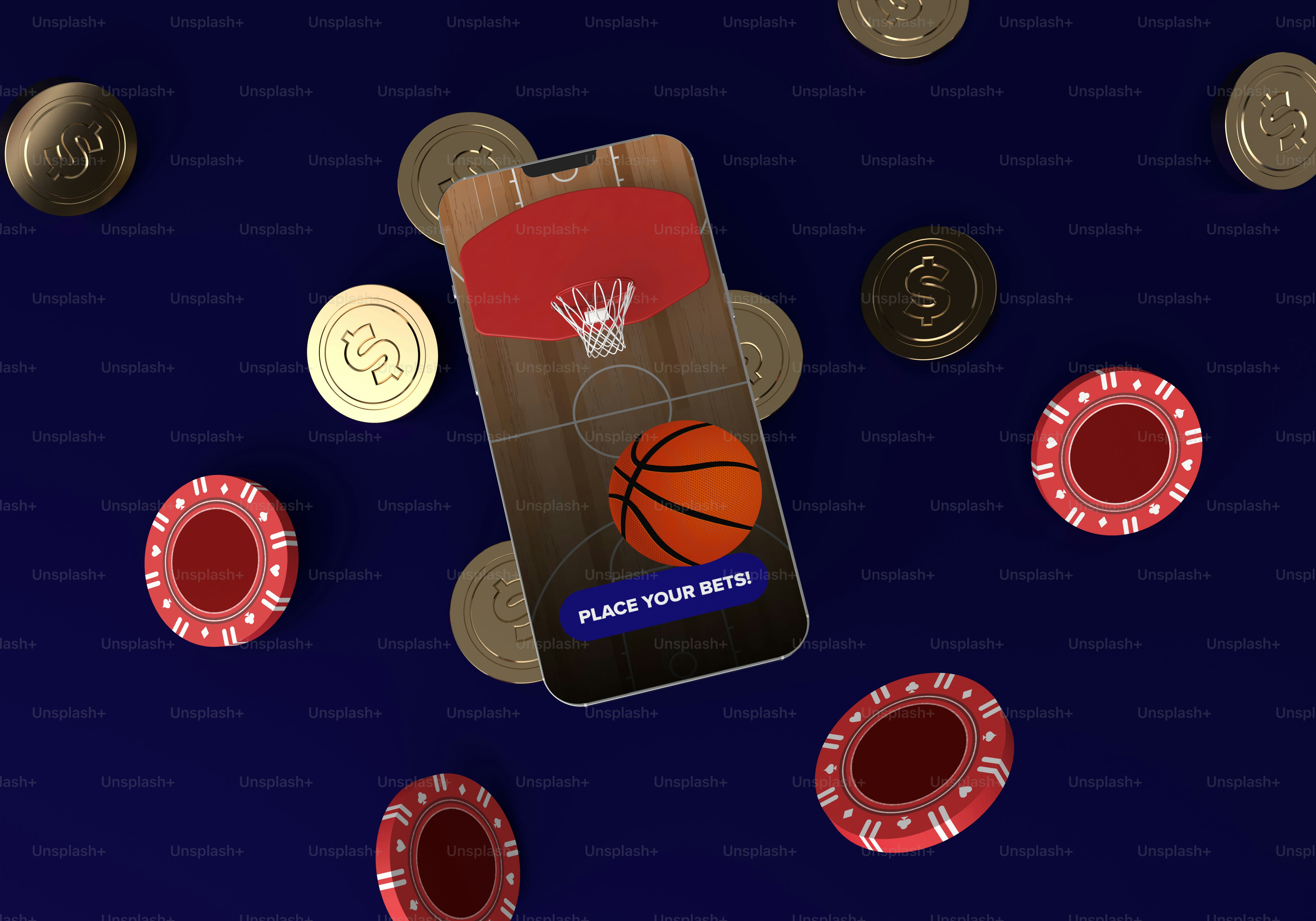 Smartphone dengan bola basket dan chip kasino