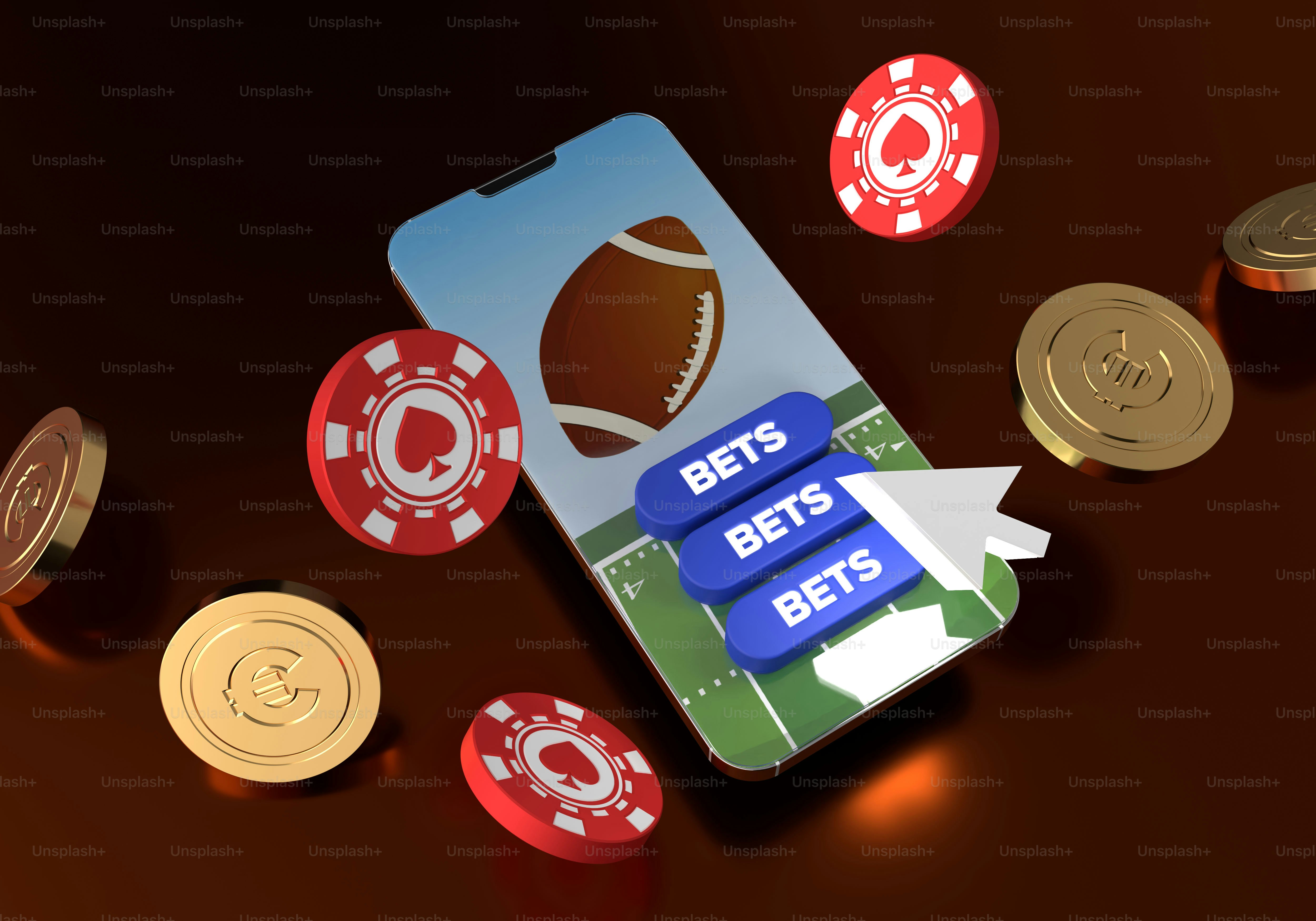 Smartphone menampilkan taruhan sepak bola dengan chip dan koin kasino