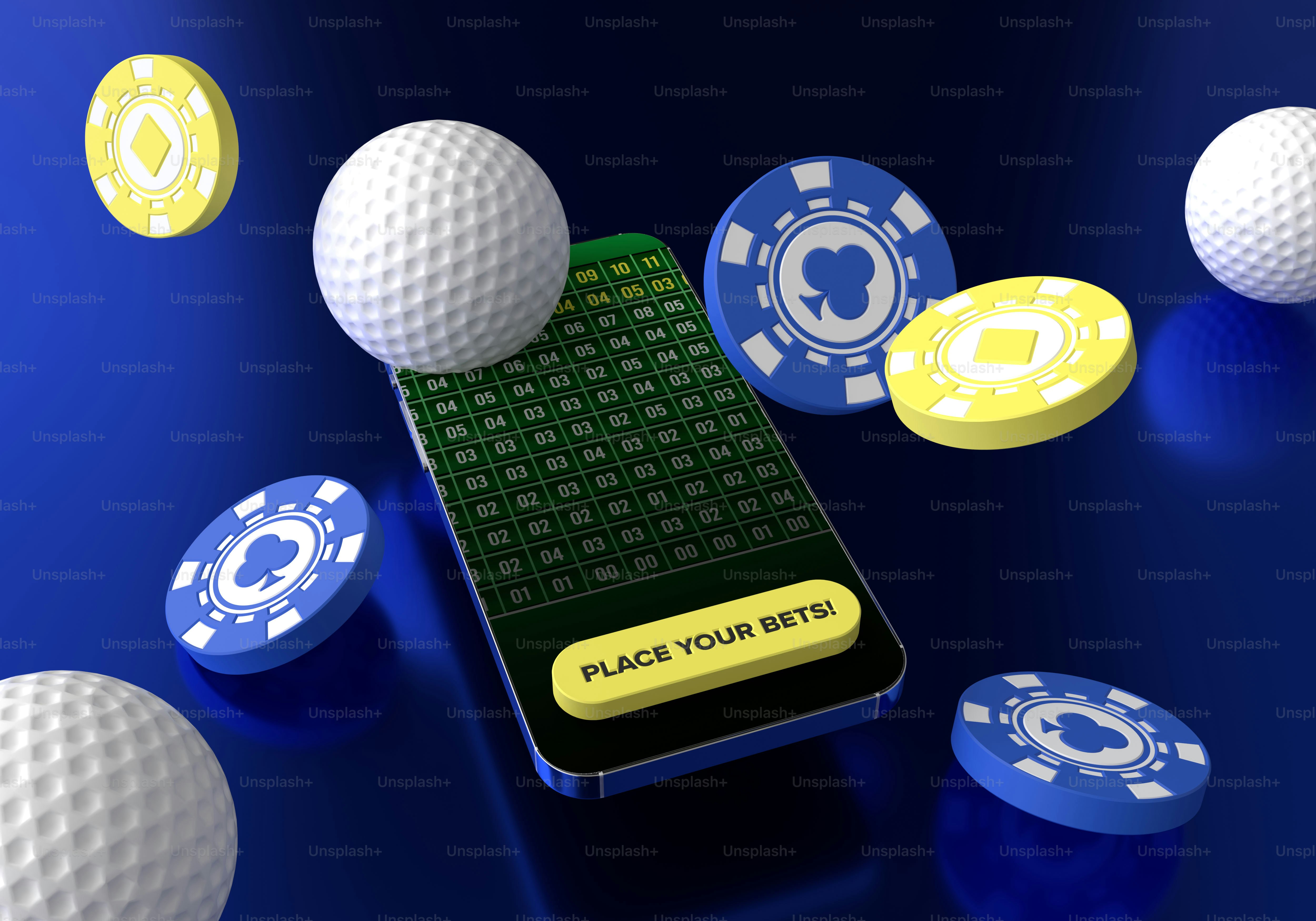 Bola golf, chip, dan smartphone dengan aplikasi taruhan