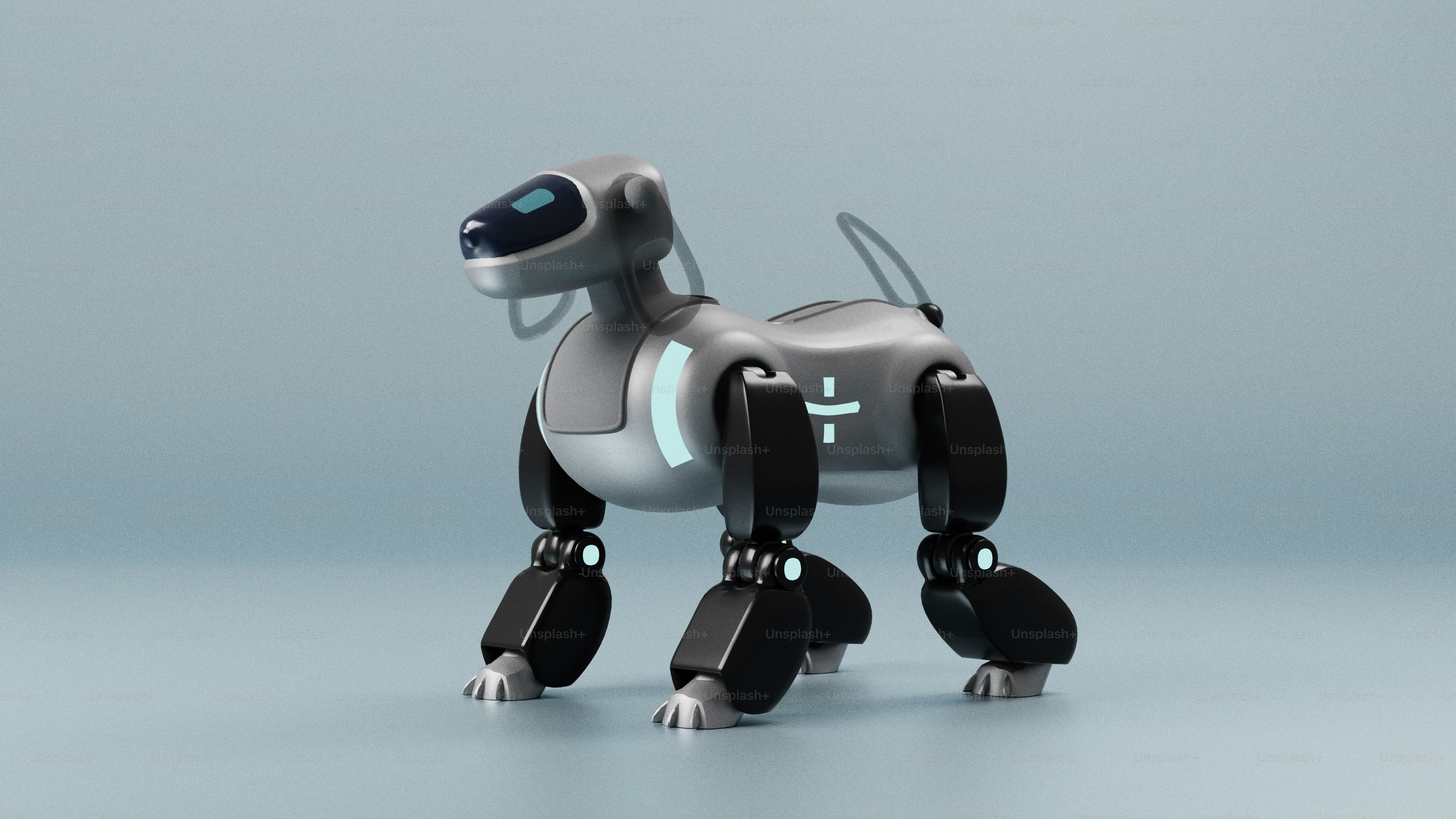 青く光るアクセントを持つ未来的なロボット犬。