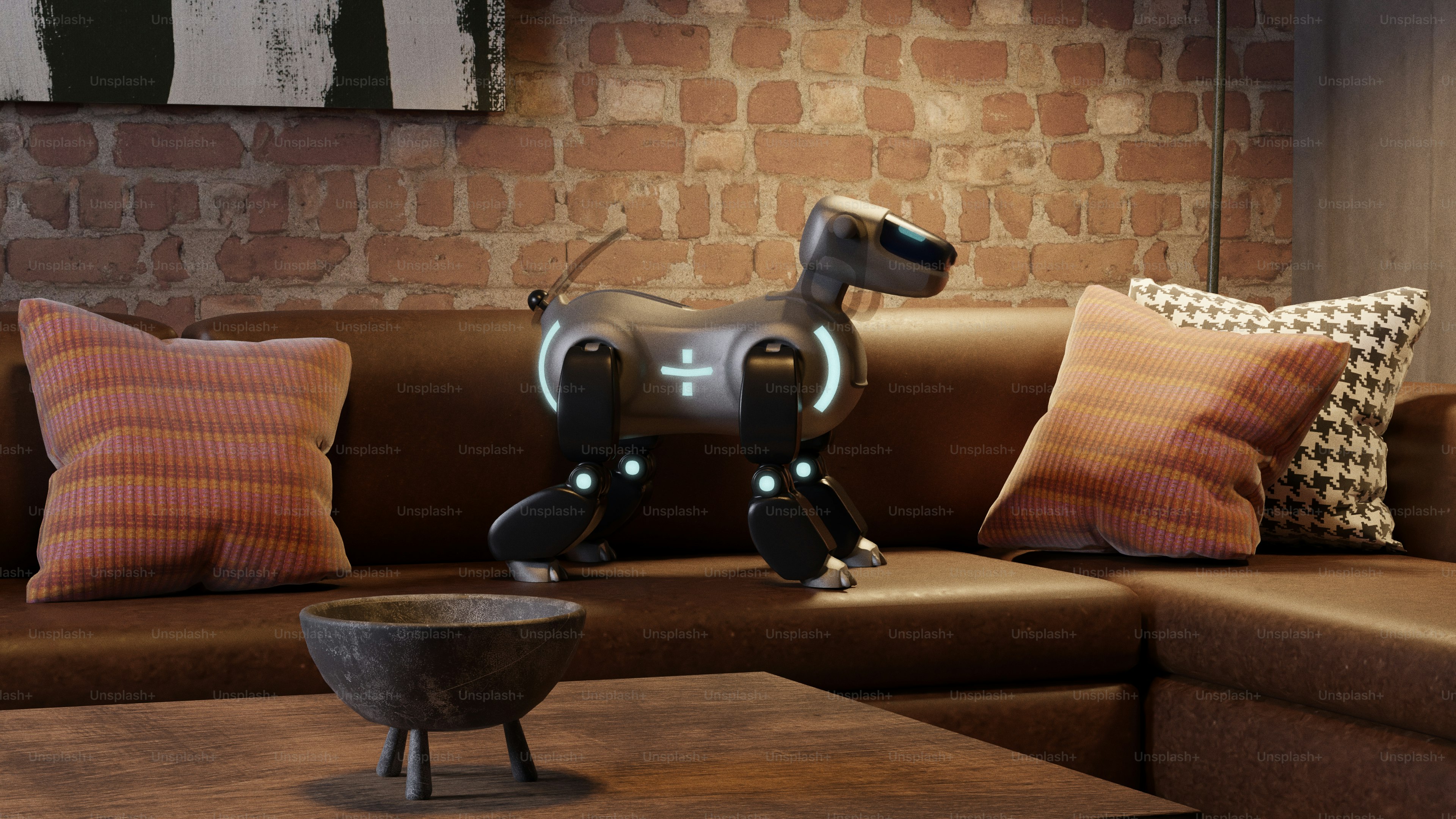 ロボットの犬がソファに立っている。