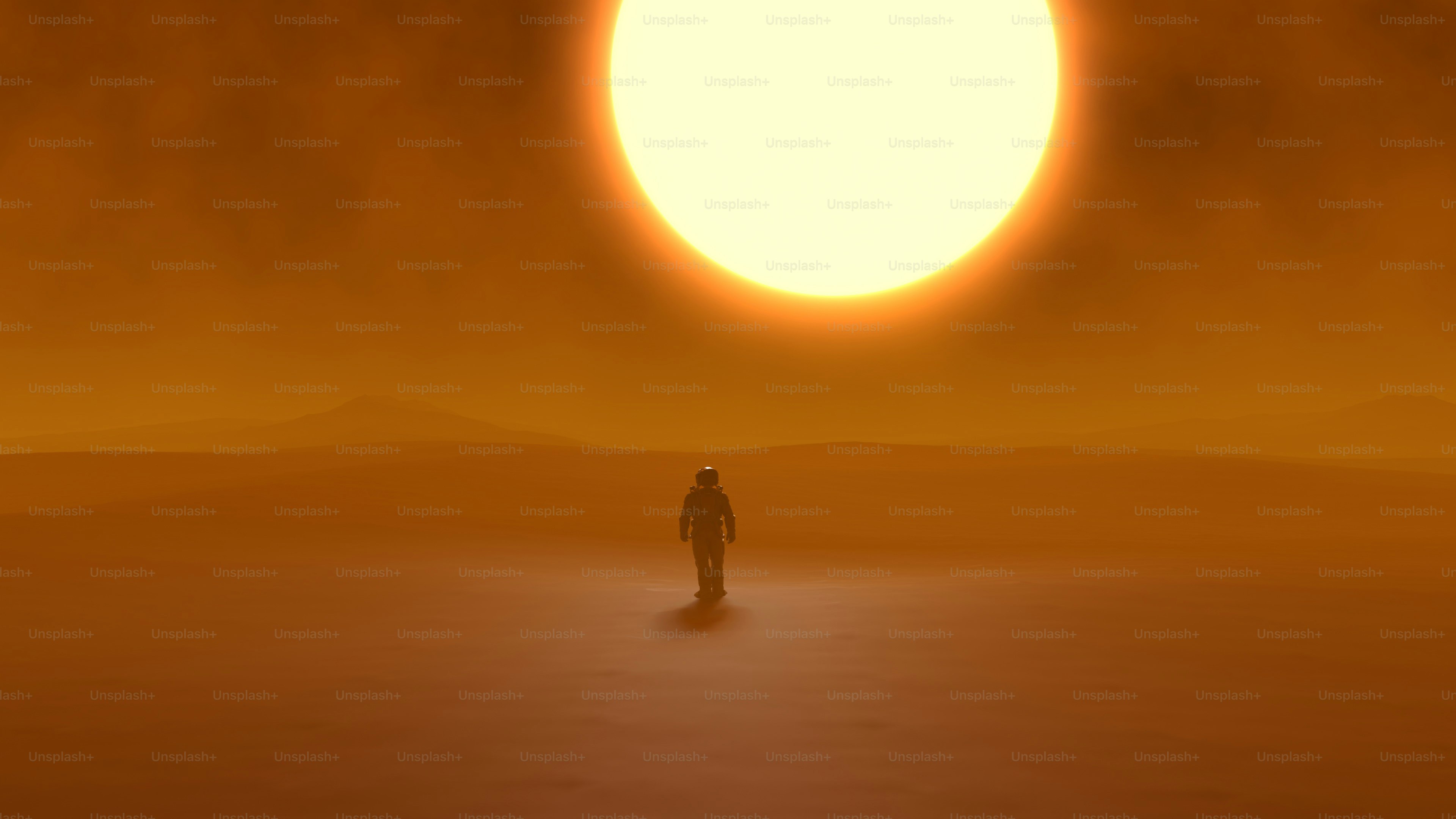 Uma figura solitária caminha em direção a um sol gigante.