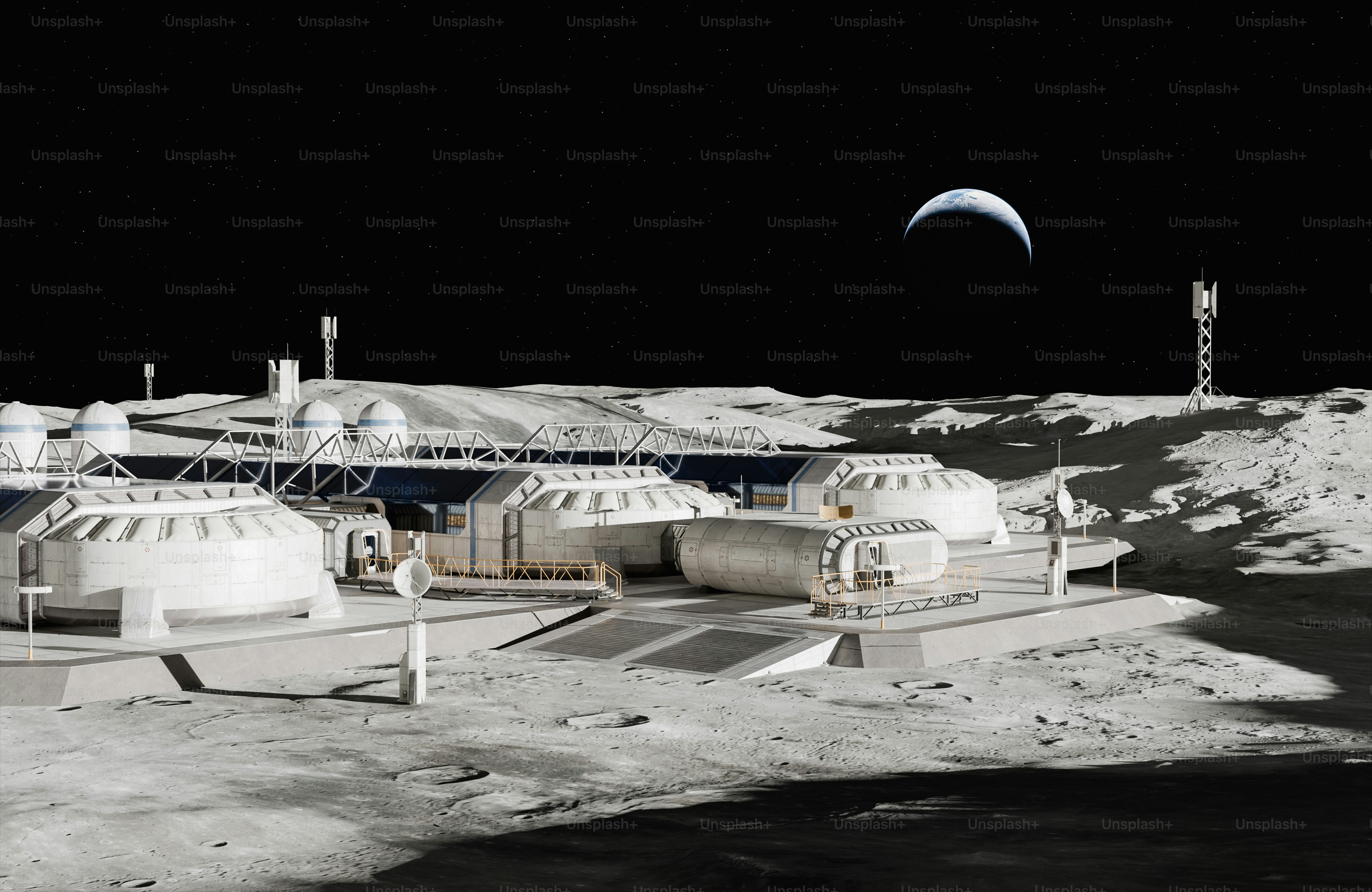Lunar base with geodesic dome under starry sky photo – Science Image on ...