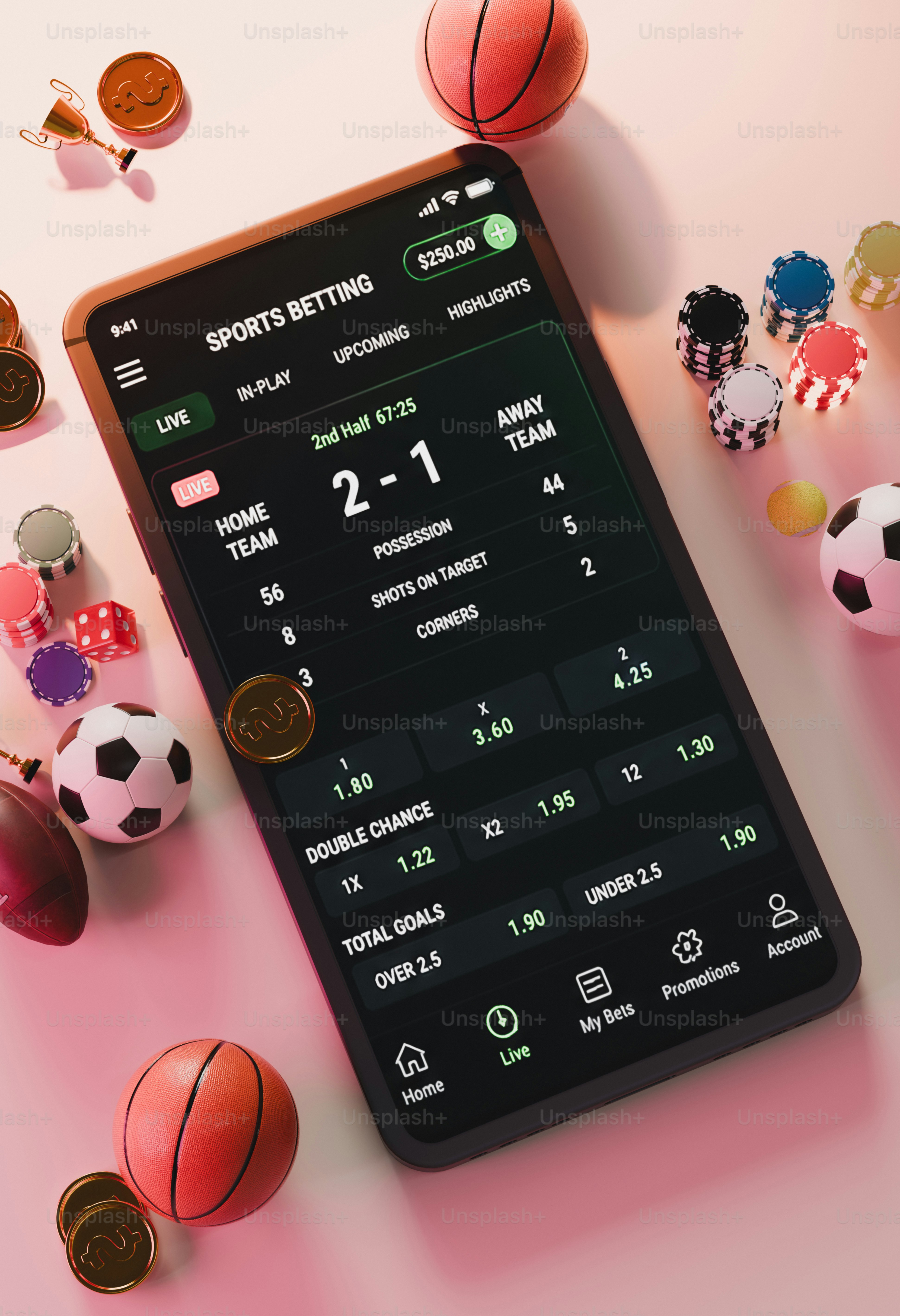 Sports betting app on a smartphone surrounded by game items.