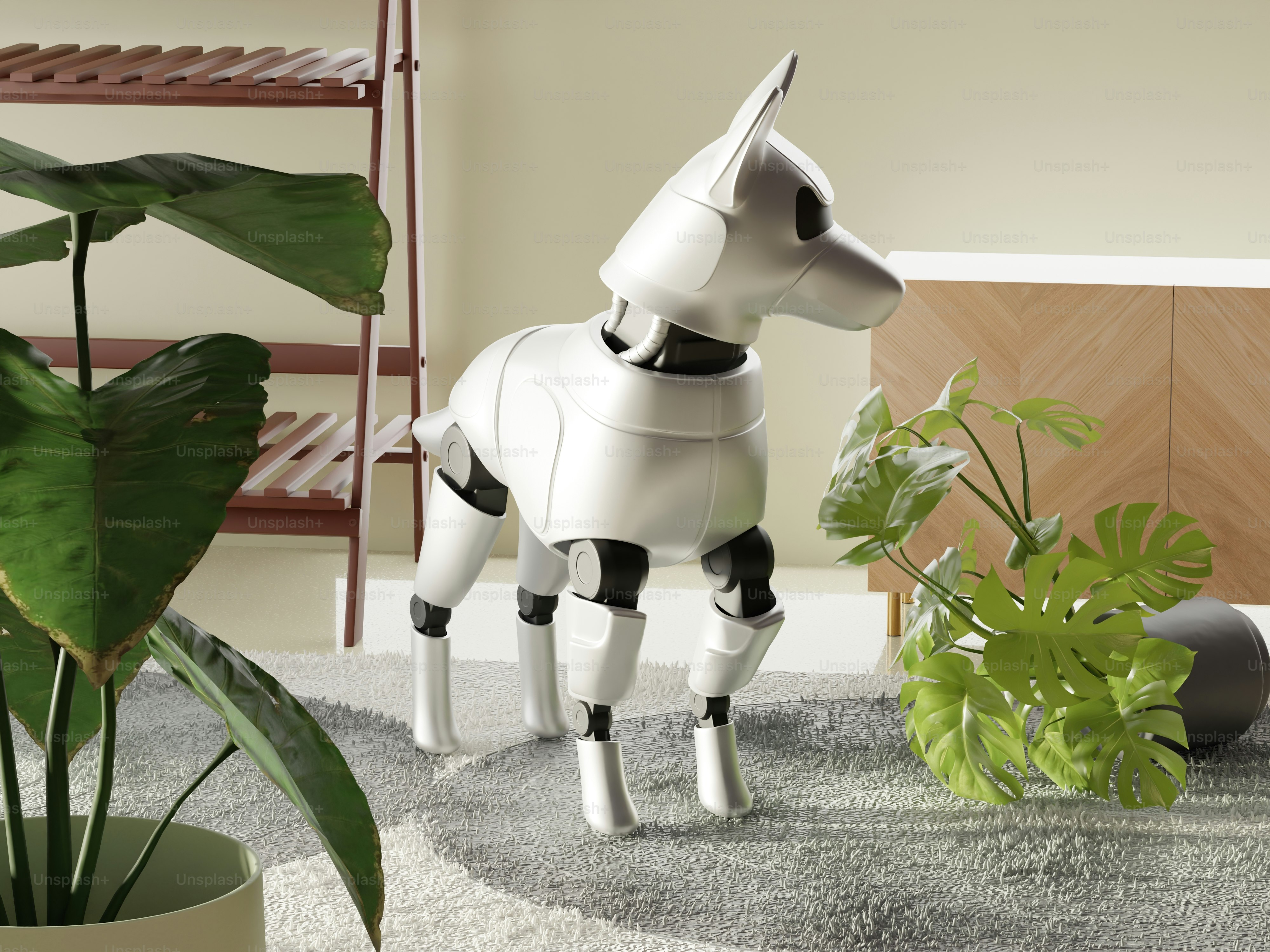 Un cane robotico si trova tra le piante da appartamento all'interno.