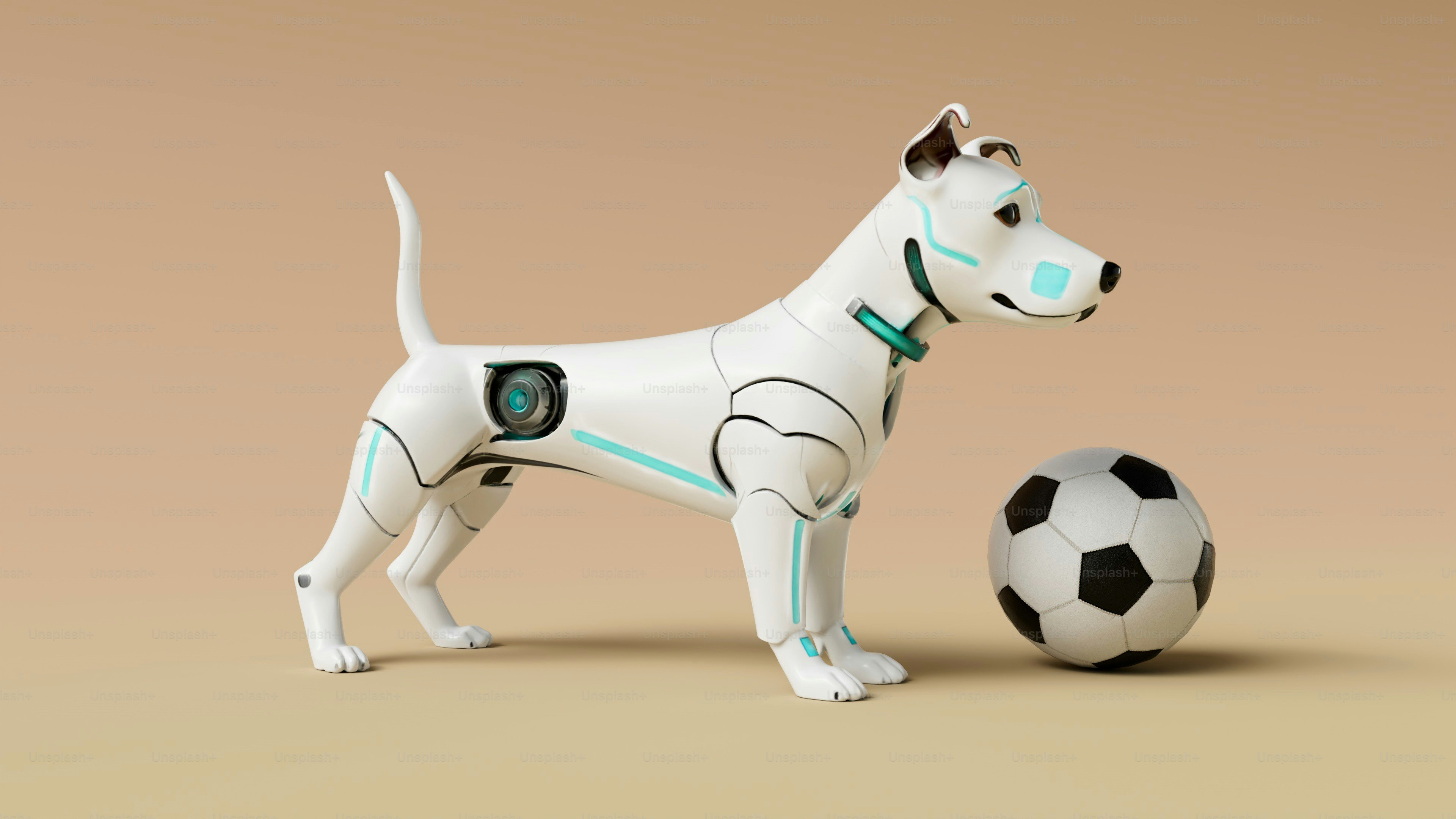 Um cachorro robótico branco está ao lado de uma bola de futebol.