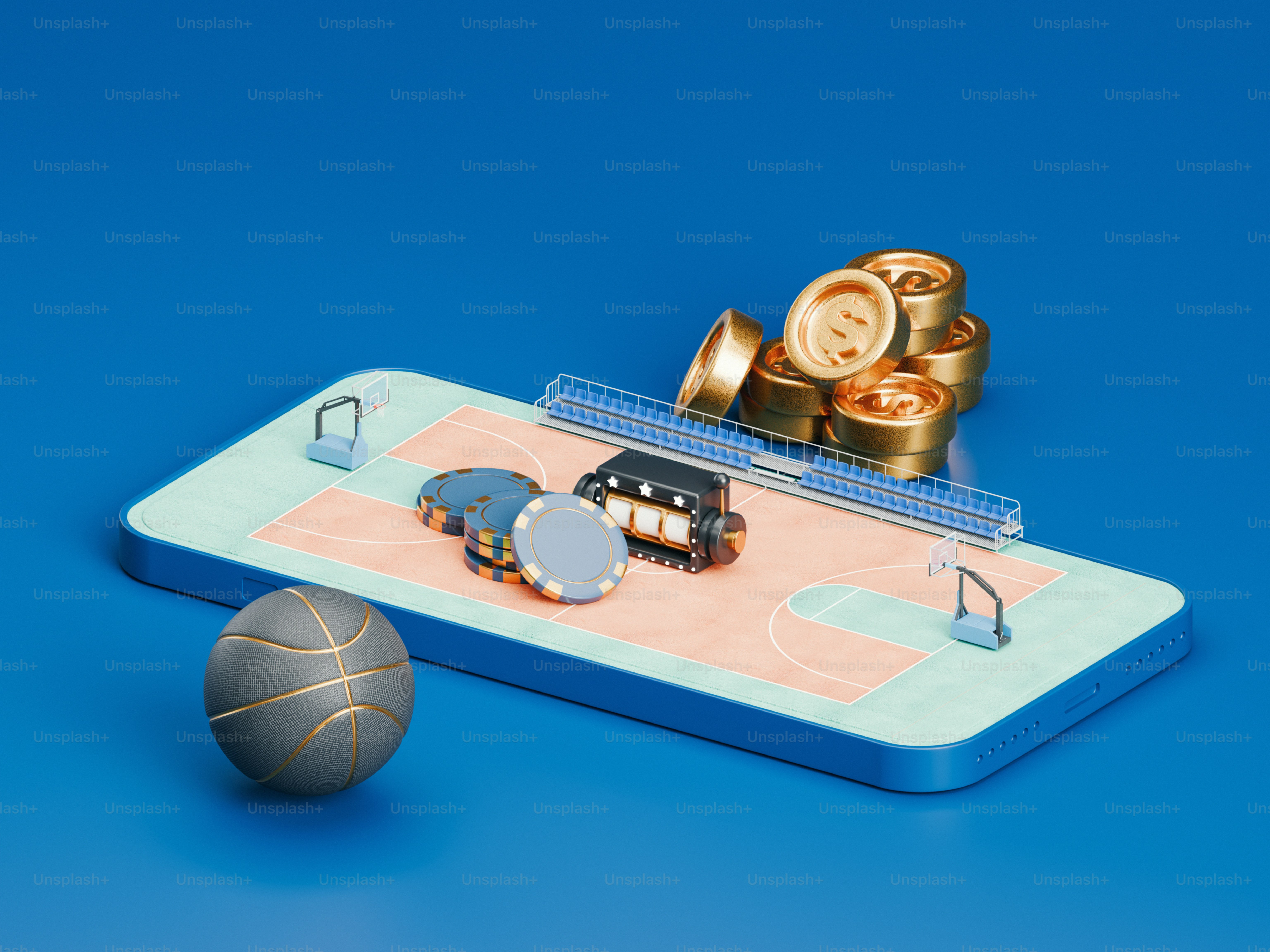 Quadra de basquete ao telefone com moedas e fichas