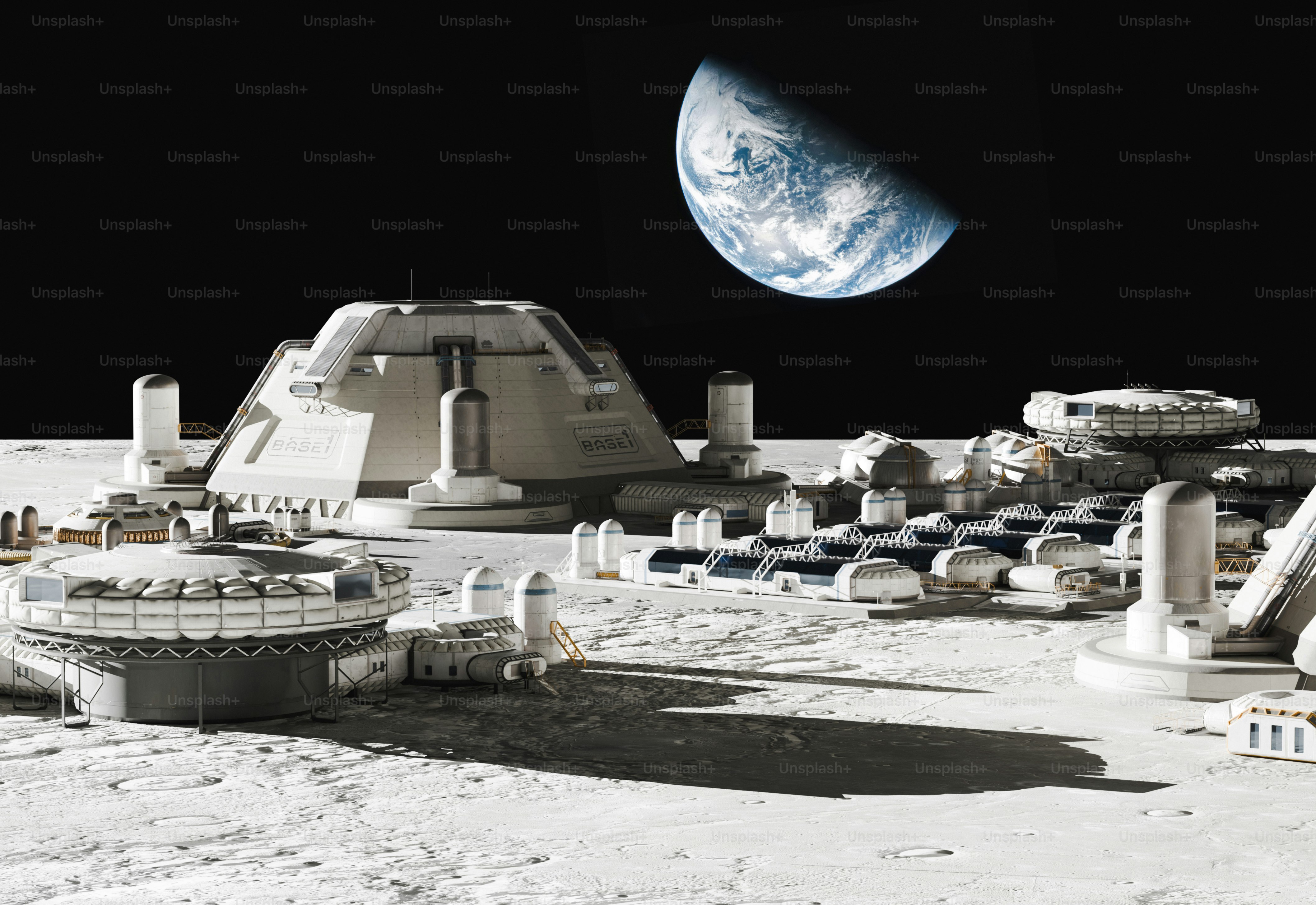 Base lunare futuristica con la Terra nel cielo