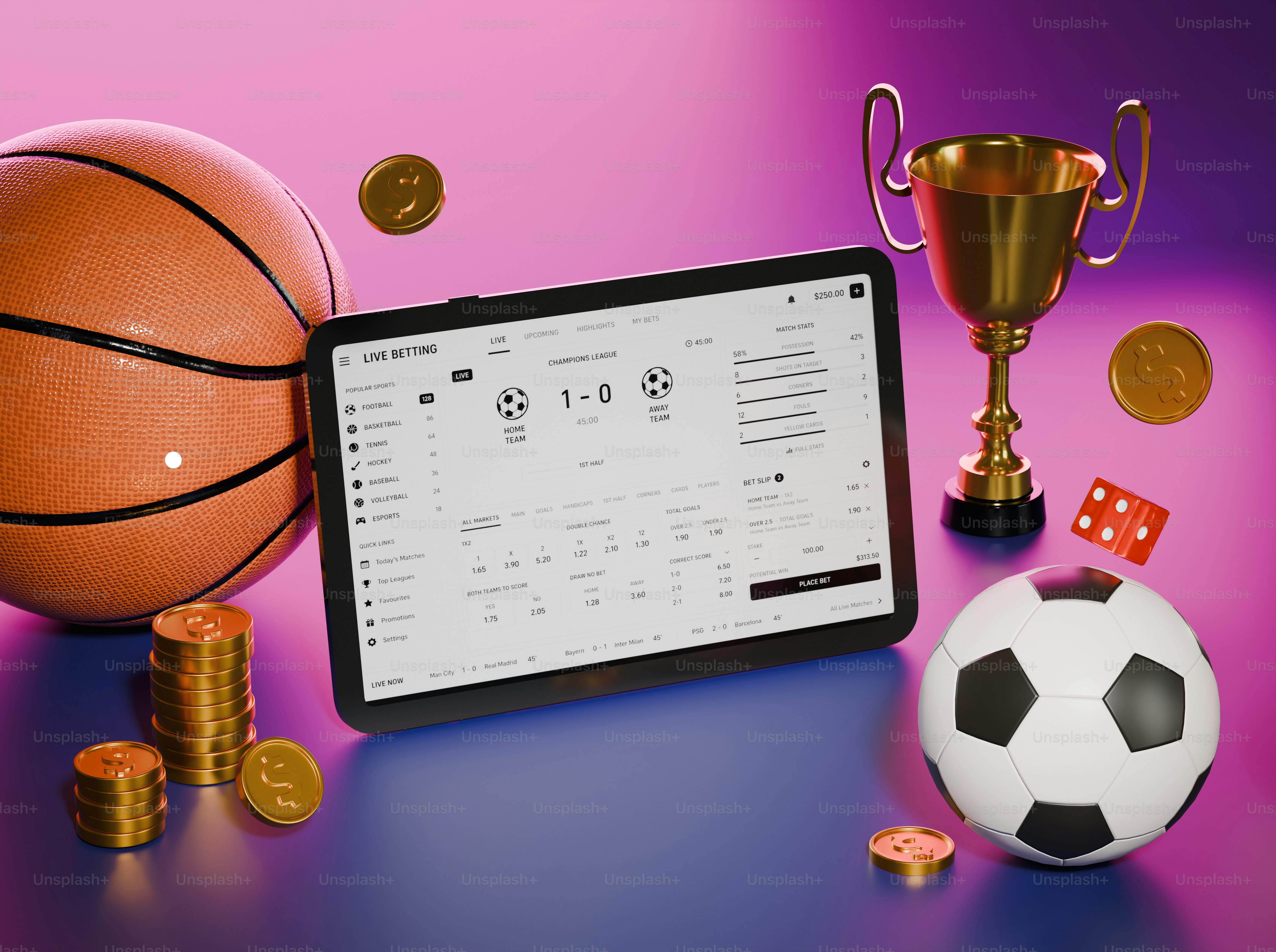 Sports betting tablet with trophy, balls, and dice