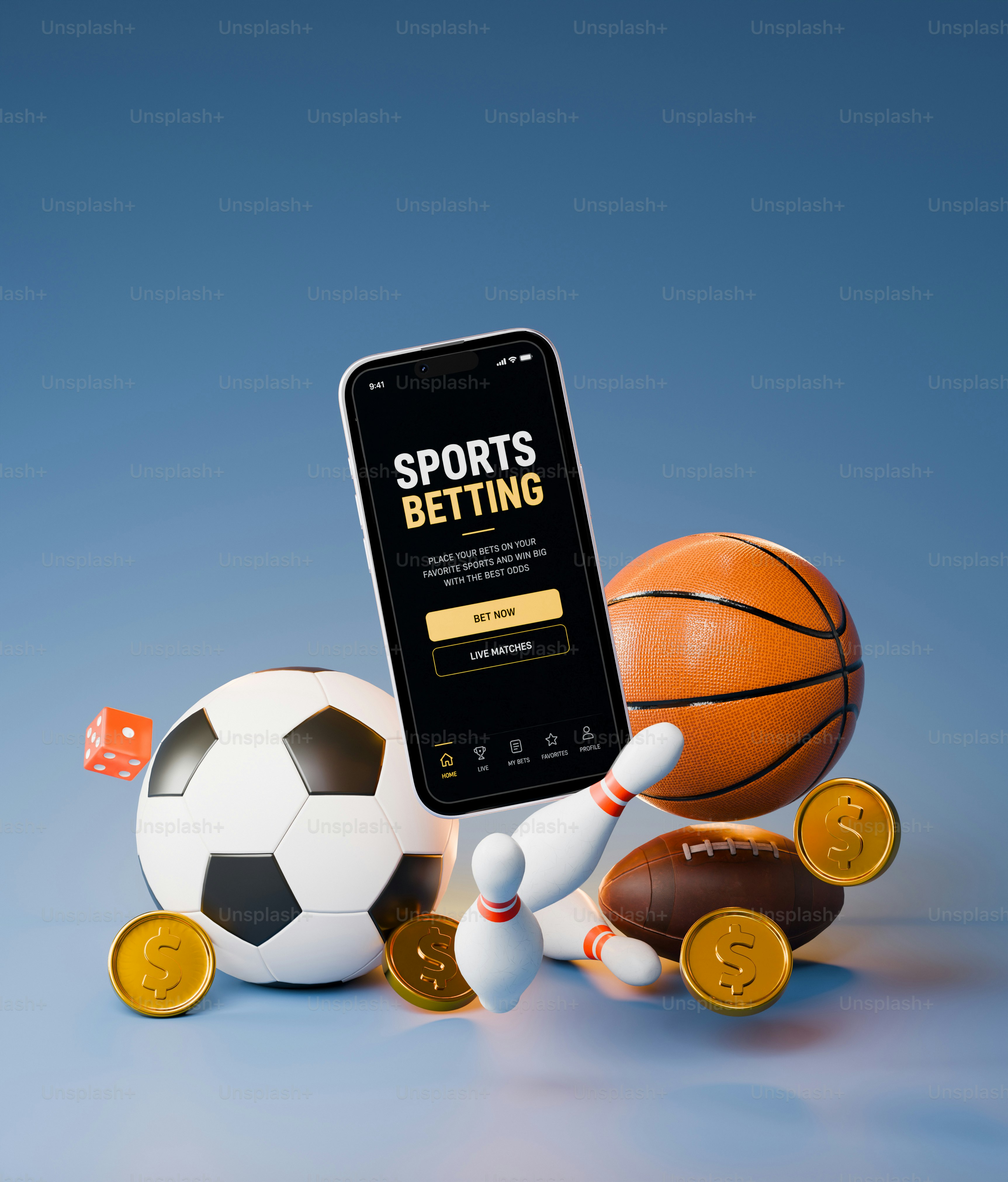 Sports betting app surrounded by various sports equipment and coins