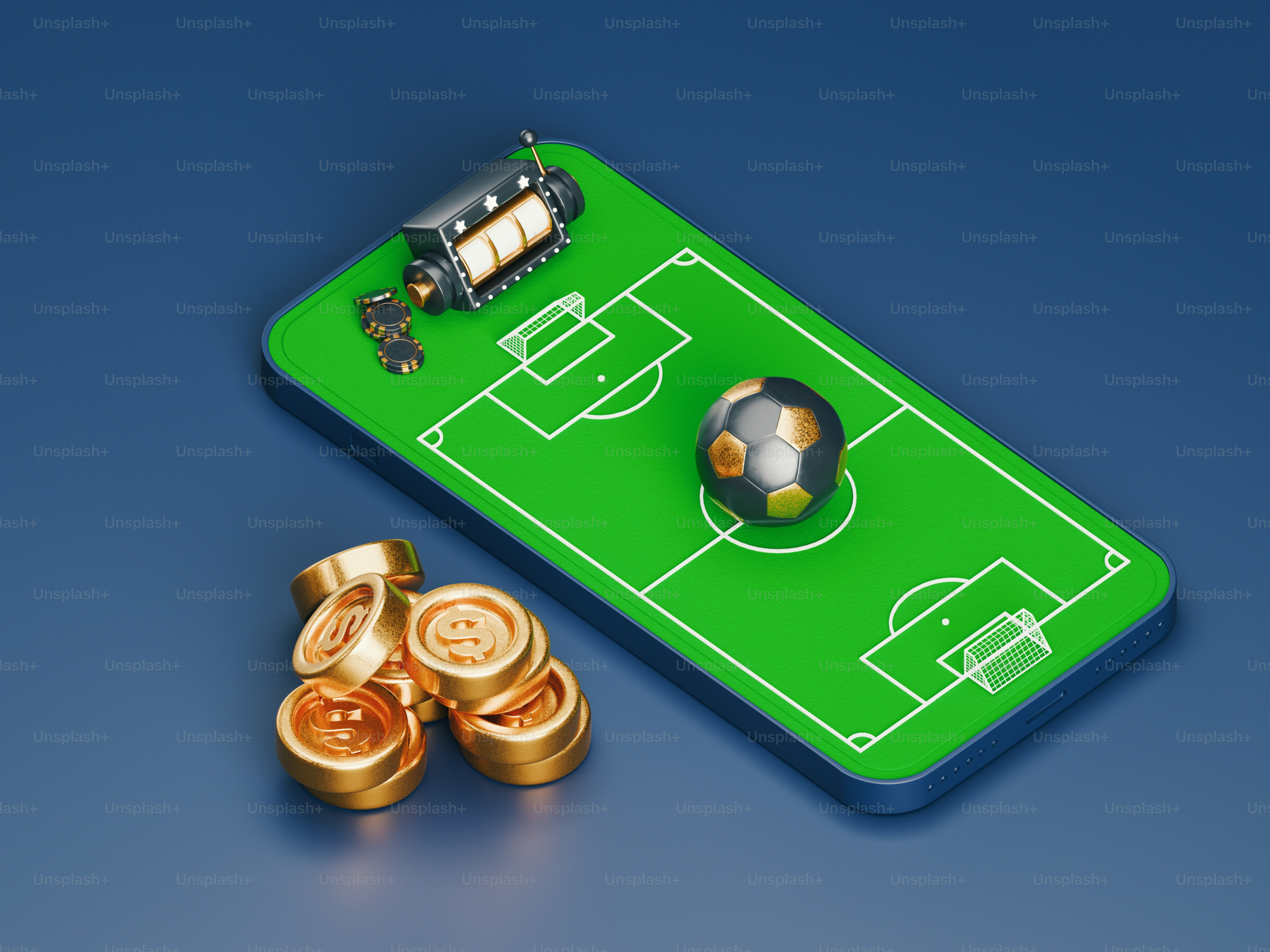 Máquina caça-níqueis, bola de futebol e moedas no campo