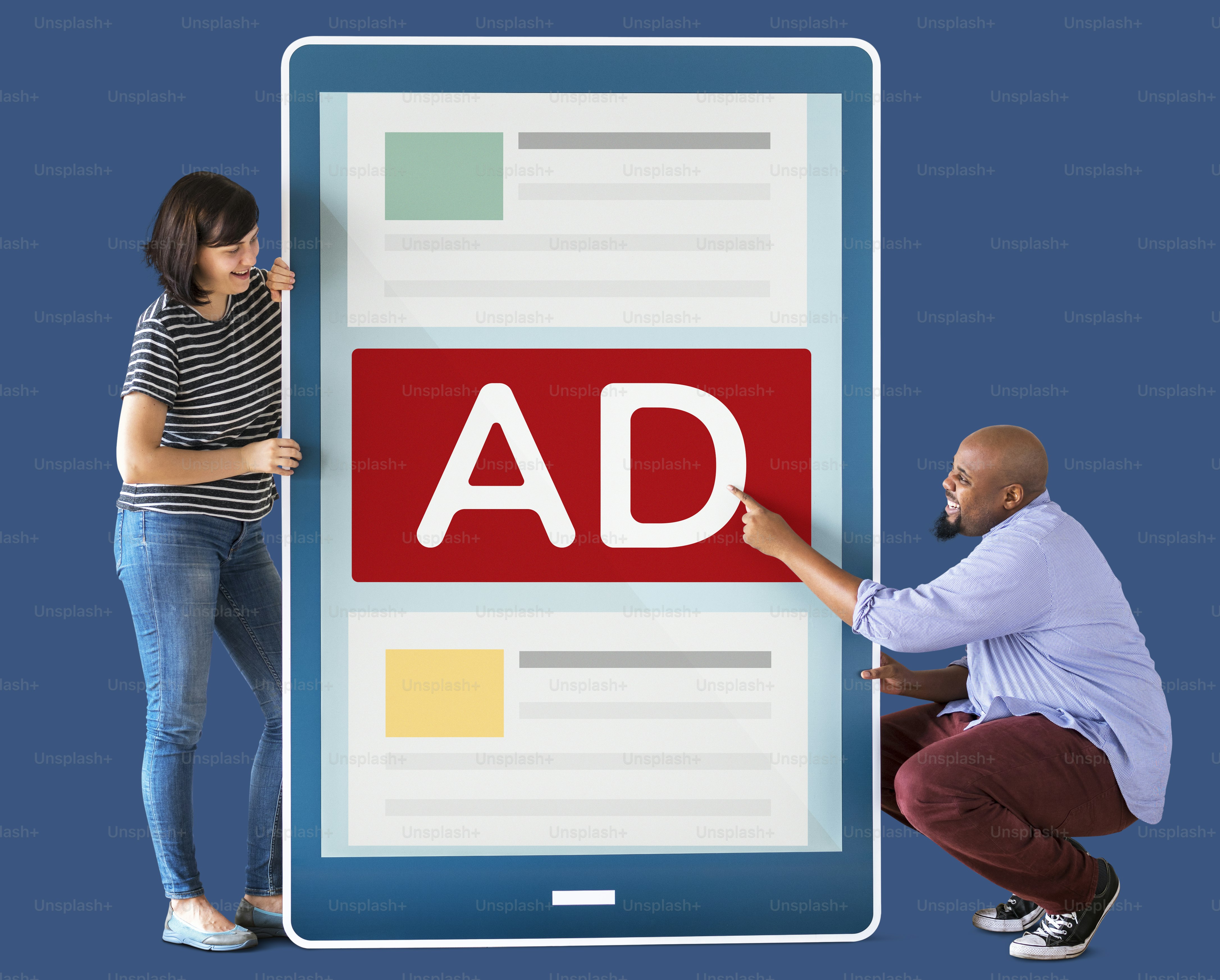 Diverse couple holding a tablet with graphics