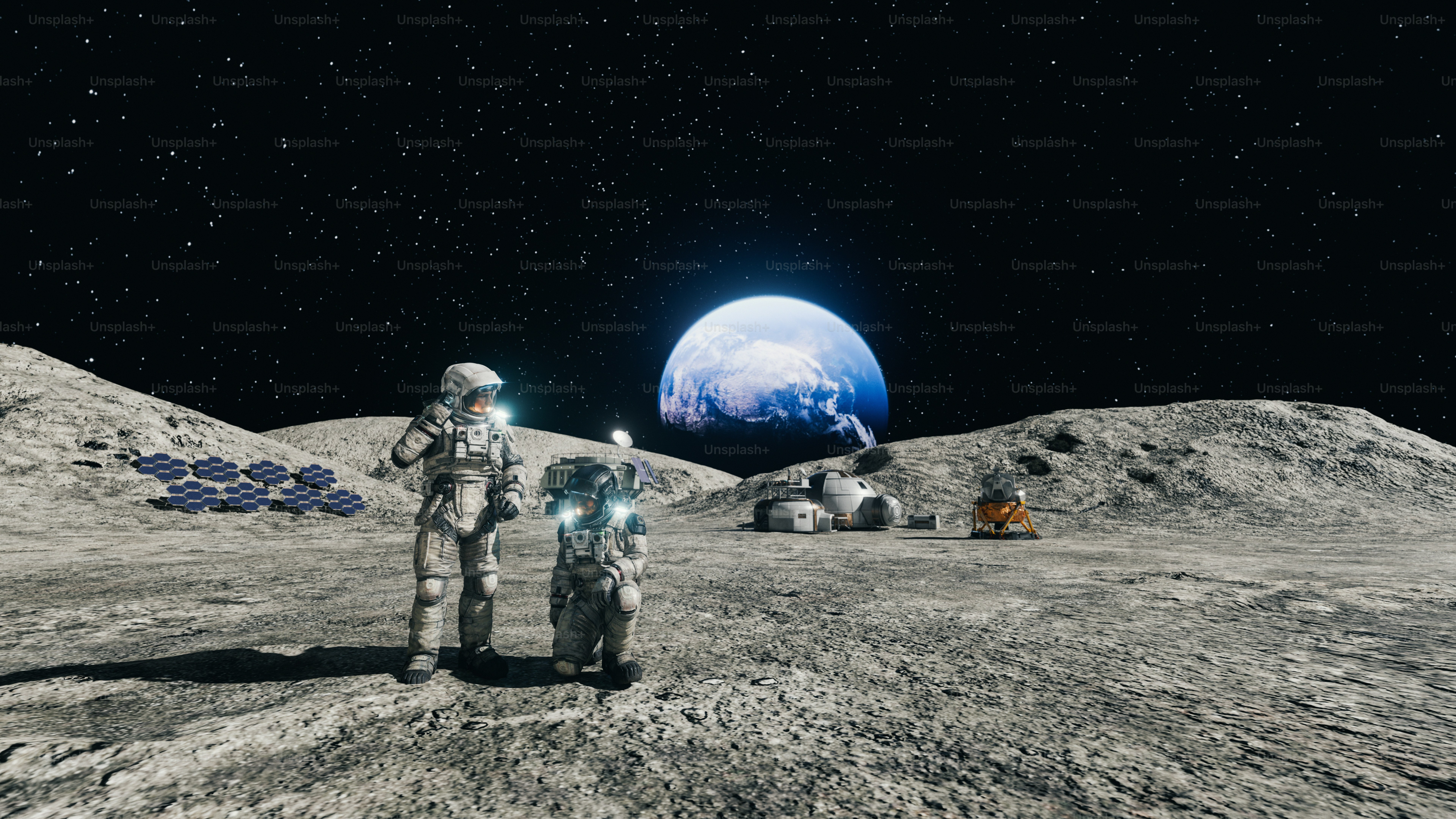 Astronautas exploram uma base lunar com a Terra ao fundo