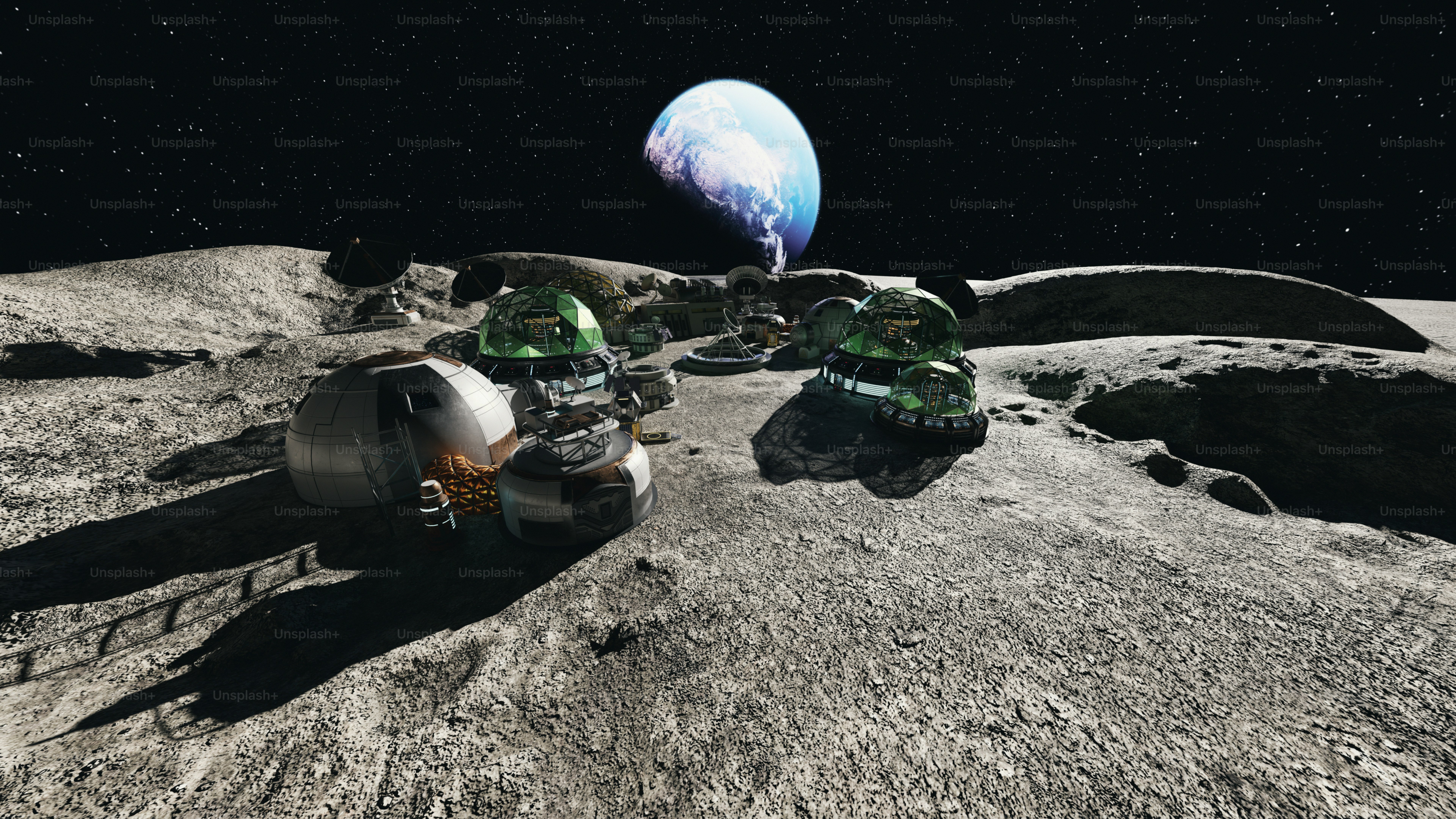 Dois biodomos futuristas na lua com a Terra ao fundo