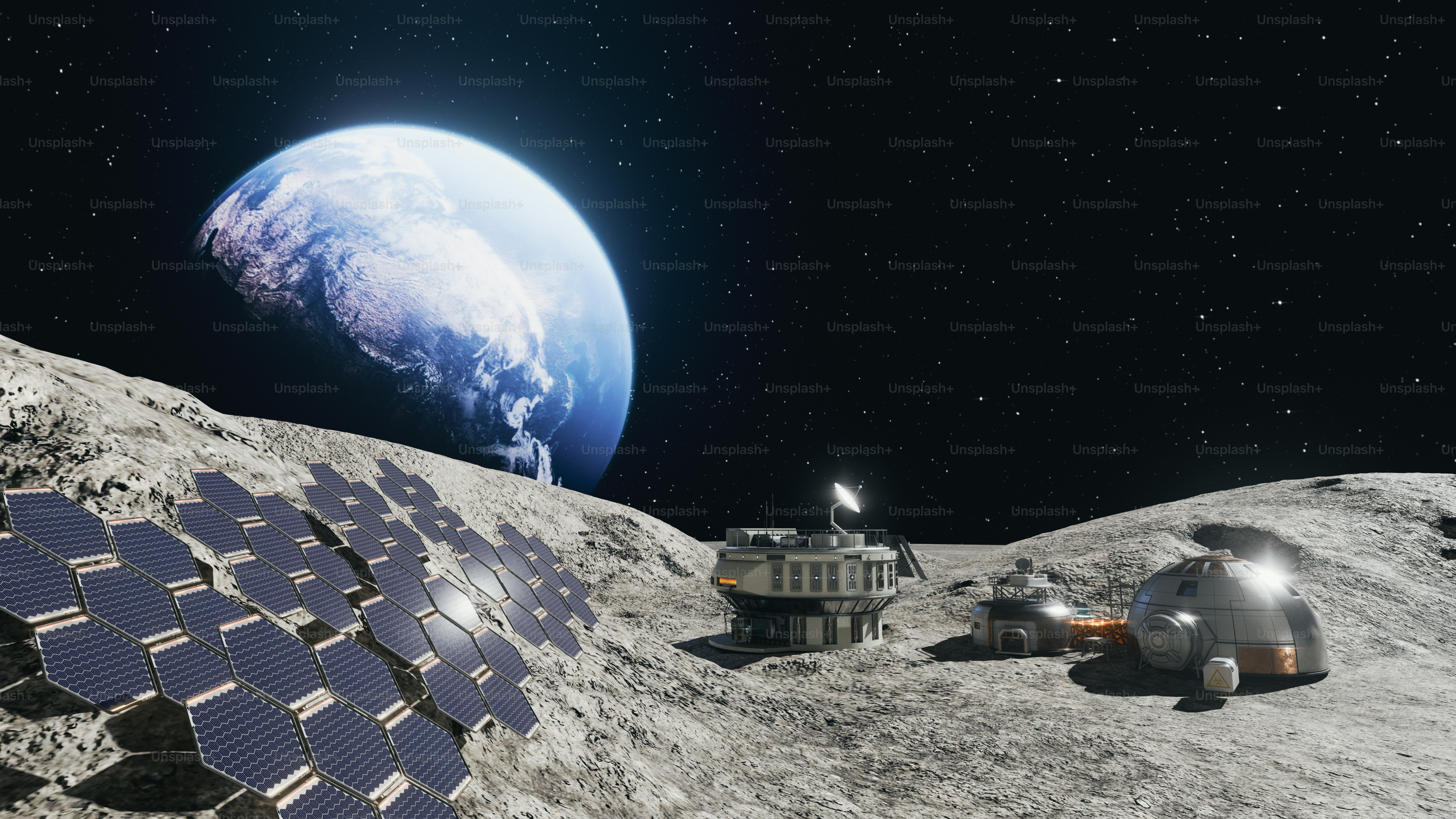 Base lunar com a Terra ao fundo