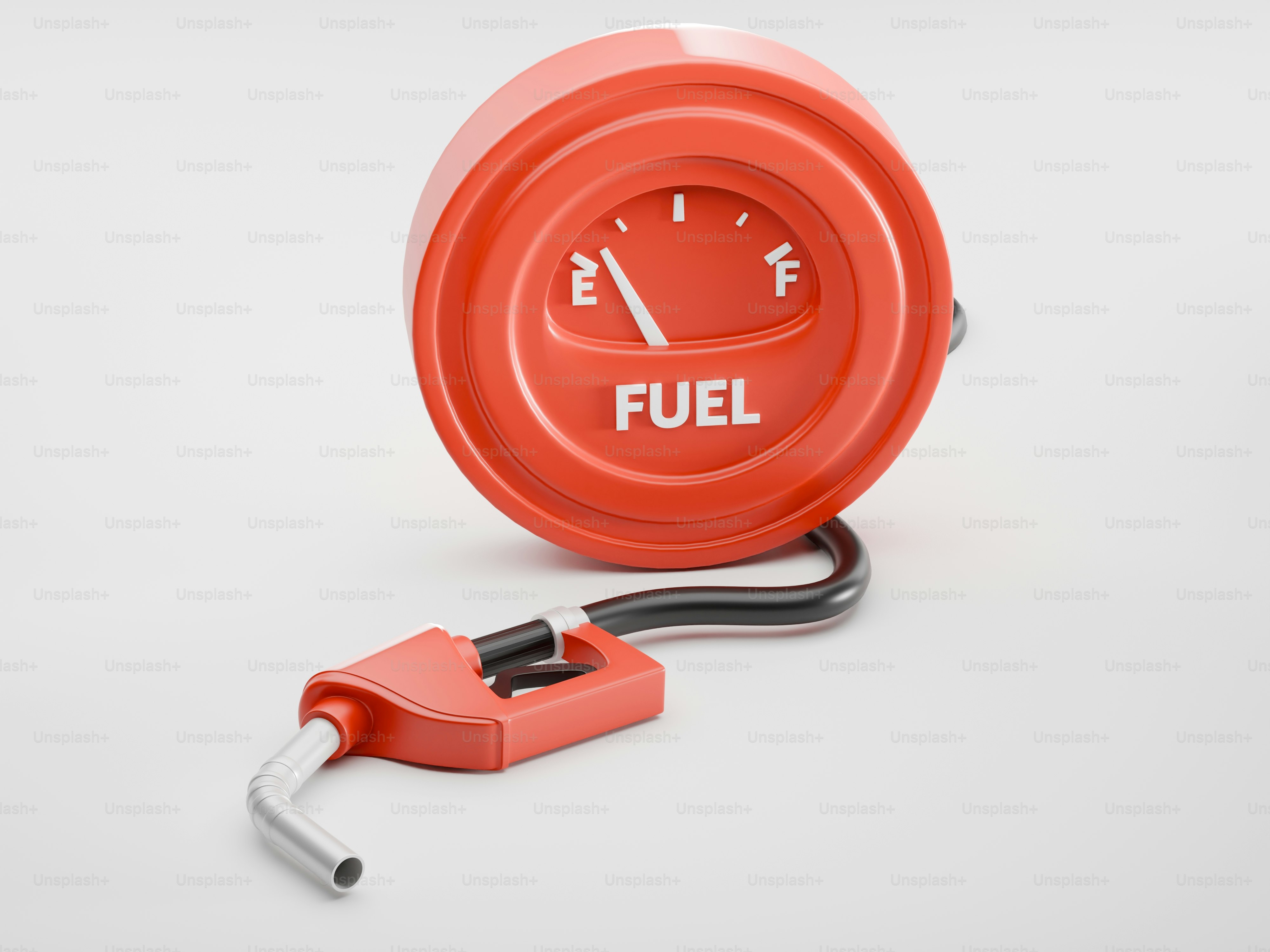 Indicatore rosso del carburante che indica vuoto, con un ugello a benzina.